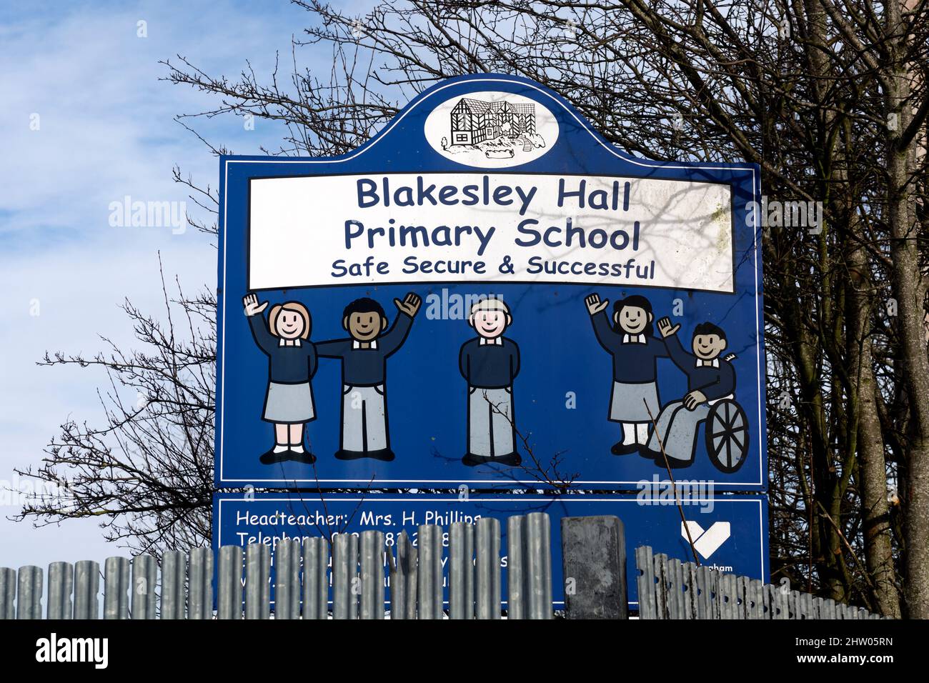 Schild der Blakesley Hall Primary School, Stechford, Birmingham, Großbritannien Stockfoto