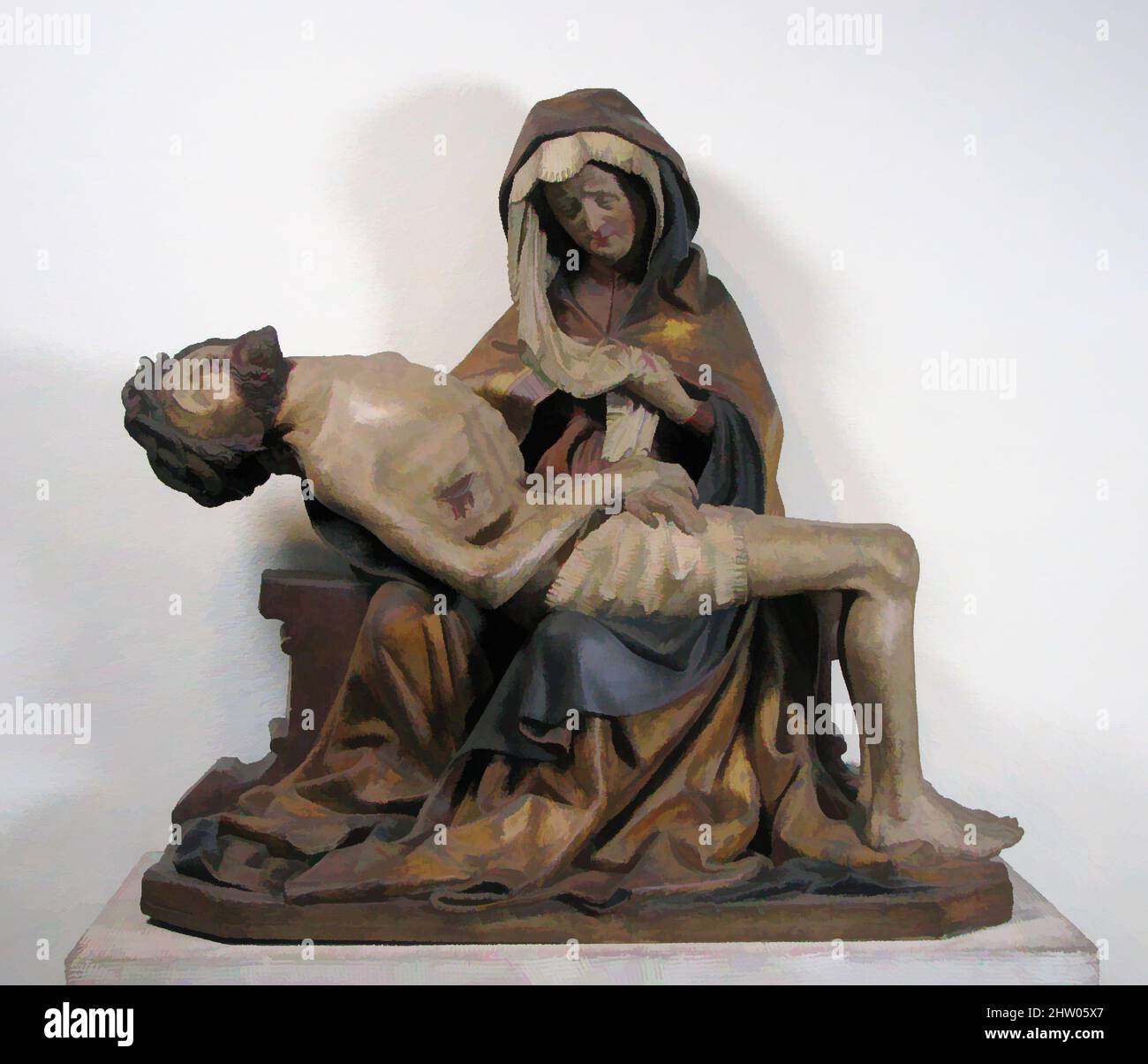 Kunst inspiriert von Pietà, 1435–40, Made in Schwaben, Jagst-Neckar, Deutschland, Deutsch, Holz, Farbe und vergoldet, insgesamt: 35 x 38 x 17 Zoll (88,9 x 96,5 x 43,2 cm), Skulptur-Holz, Andachtsbilder, die die körperlichen Leiden Christi betonen, entstanden Anfang des 14.. Jahrhunderts. Diese, Classic Works modernisiert von Artotop mit einem Schuss Moderne. Formen, Farbe und Wert, auffällige visuelle Wirkung auf Kunst. Emotionen durch Freiheit von Kunstwerken auf zeitgemäße Weise. Eine zeitlose Botschaft, die eine wild kreative neue Richtung verfolgt. Künstler, die sich dem digitalen Medium zuwenden und die Artotop NFT erschaffen Stockfoto