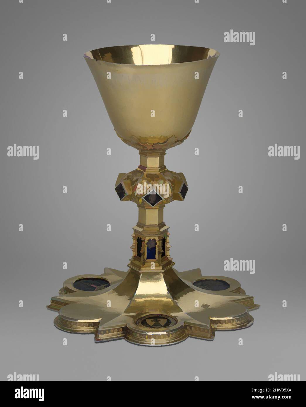 Kunst inspiriert von Chalice, ca. 1400, hergestellt in Barcelona, Katalonien, Spanien, Katalanisch, Silber-vergoldet, Silber und basse-Taille-Emaille, insgesamt: H:8 1/8 x B:6 5/8 Zoll (20,6 x 16,8 cm), Metallarbeiten-Silber, die schlanken Proportionen und die kleine Schale dieses Kelches sind typisch für die Arbeiten der späten 14., Classic Works modernisiert von Artotop mit einem Schuss Moderne. Formen, Farbe und Wert, auffällige visuelle Wirkung auf Kunst. Emotionen durch Freiheit von Kunstwerken auf zeitgemäße Weise. Eine zeitlose Botschaft, die eine wild kreative neue Richtung verfolgt. Künstler, die sich dem digitalen Medium zuwenden und die Artotop NFT erschaffen Stockfoto