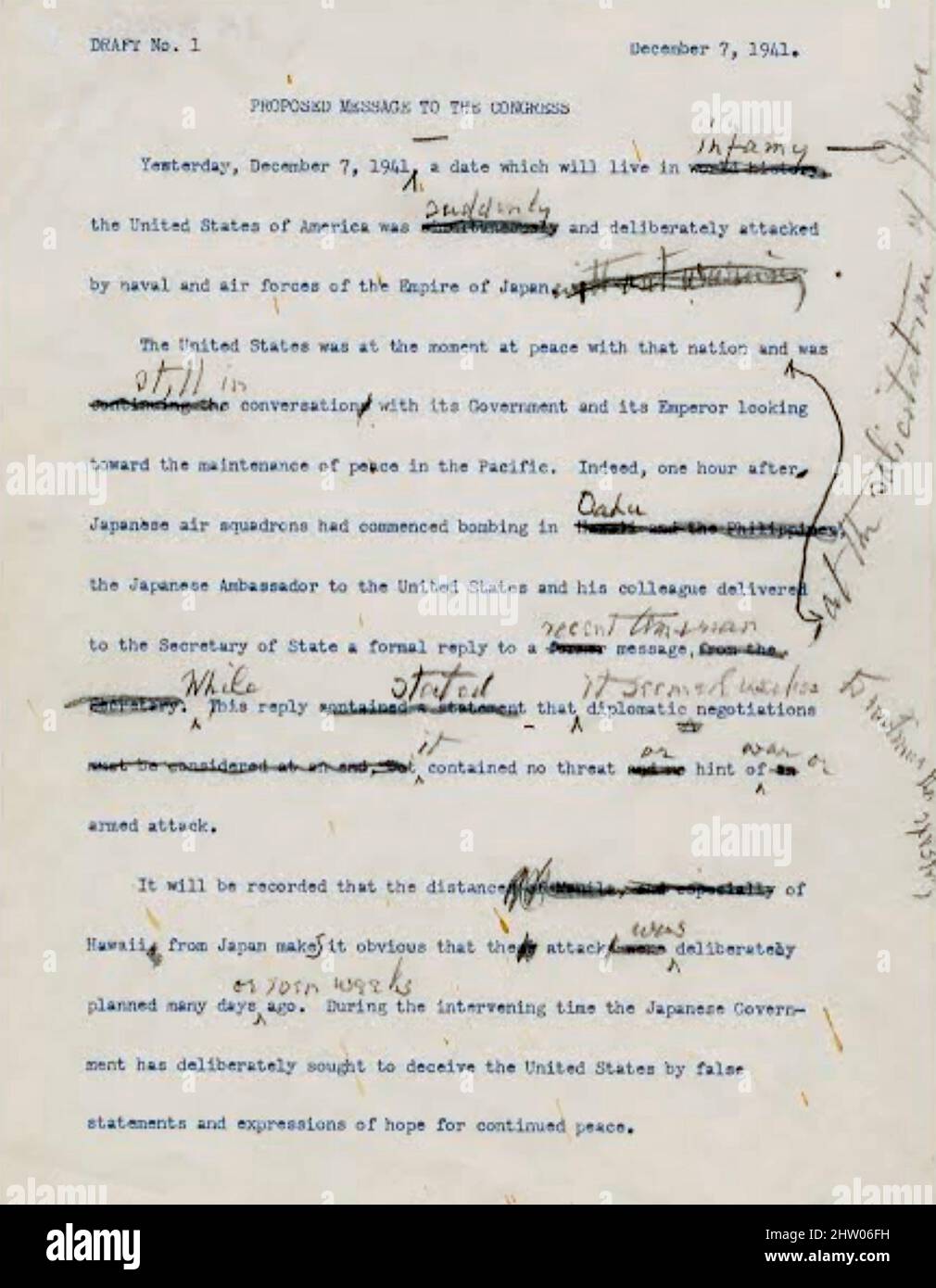 PAZIFISCHER KRIEGSENTWURF der Rede von Präsident Franklin D. Roosevelt vor dem Kongress 8. Dezember 1941 - der Tag der verleumderische Rede. Stockfoto