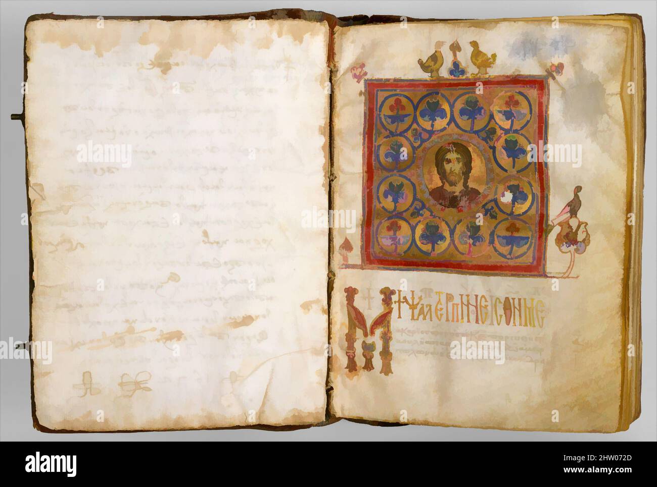 Kunst inspiriert von illuminated Psalter, Ende 1100s, Byzantine, Tempera, schwarzer Tinte und Gold auf Pergament, 8 1/8 x 5 7/8 x 2 Zoll (20,7 x 14,9 x 5,1 cm), Manuskripte und Illuminationen, die Alphabetisierung wurde im byzantinischen Staat hoch geschätzt, mit seiner anspruchsvollen säkularen und klerikalen Elite, die klassische Werke, die von Artotop mit einem Schuss Moderne modernisiert wurden. Formen, Farbe und Wert, auffällige visuelle Wirkung auf Kunst. Emotionen durch Freiheit von Kunstwerken auf zeitgemäße Weise. Eine zeitlose Botschaft, die eine wild kreative neue Richtung verfolgt. Künstler, die sich dem digitalen Medium zuwenden und die Artotop NFT erschaffen Stockfoto