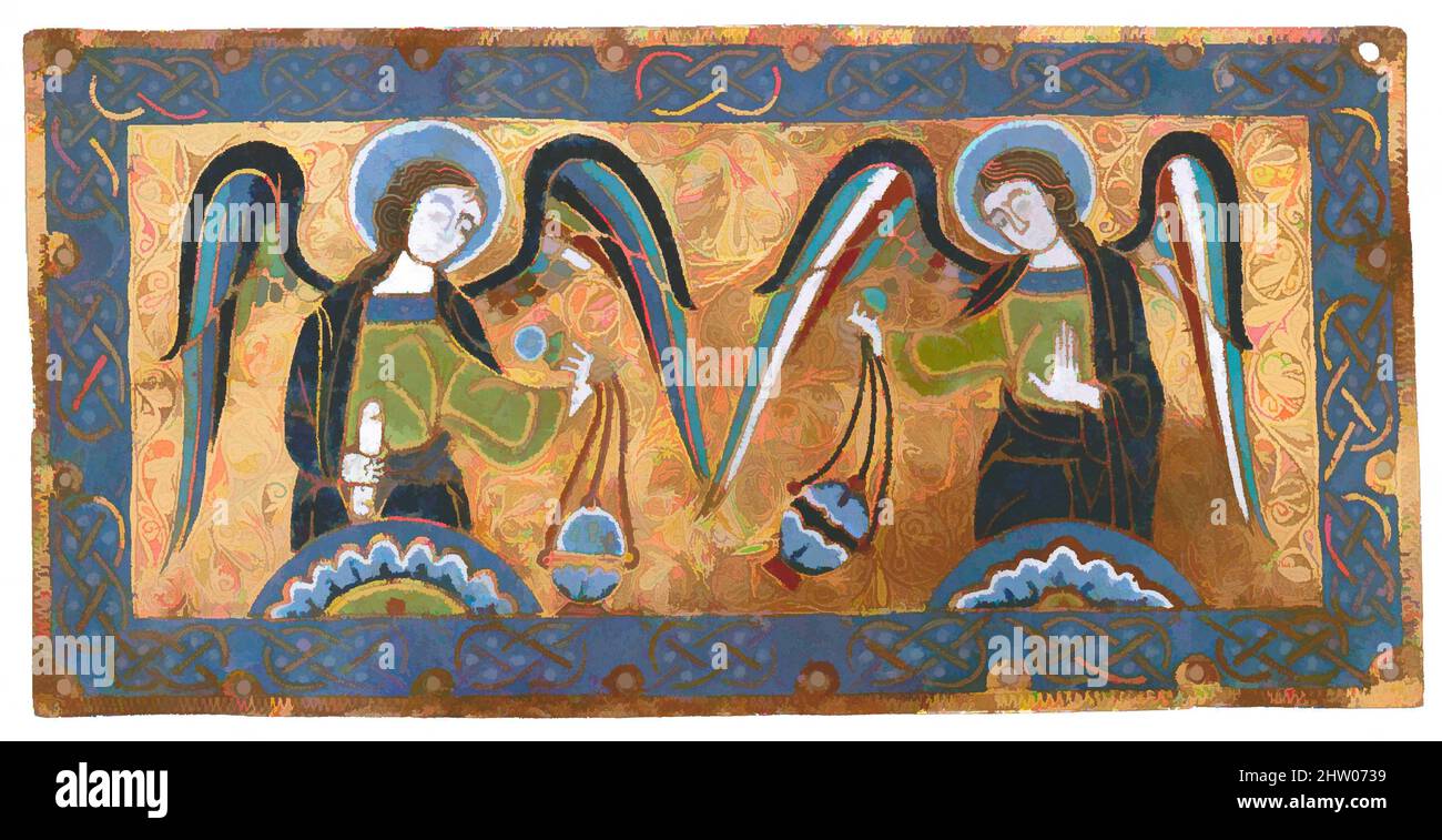 Kunst inspiriert von Plakette mit Censing Angels, ca. 1170–80, hergestellt in Limoges, Frankreich, französisch, Champlevé-Emaille, Kupfervergoldung, 4 5/16 x 8 11/16 x 1/8in. (11 x 22,1 x 0,3cm), Enamels-Champlevé, Diese emaillierte Plakette krönte ursprünglich die Spitze eines großen, doppelseitigen Altarkreuzes. Mit Kreide-, Classic Works modernisiert von Artotop mit einem Schuss Moderne. Formen, Farbe und Wert, auffällige visuelle Wirkung auf Kunst. Emotionen durch Freiheit von Kunstwerken auf zeitgemäße Weise. Eine zeitlose Botschaft, die eine wild kreative neue Richtung verfolgt. Künstler, die sich dem digitalen Medium zuwenden und die Artotop NFT erschaffen Stockfoto