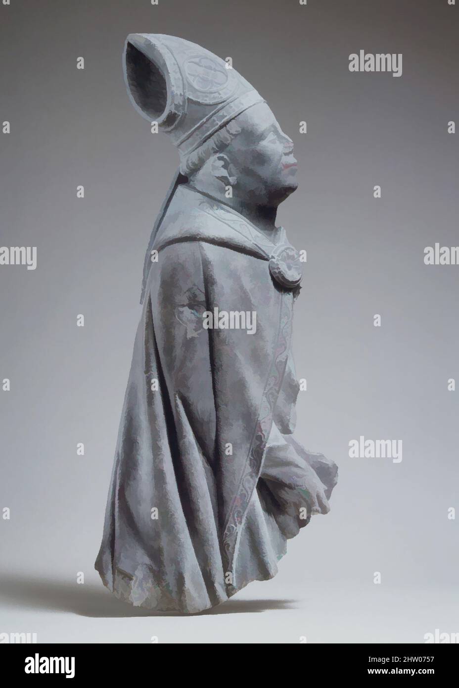 Kunst inspiriert von Relief eines Bischofs, ca. 1400–1440, Südniederländisch, Kalkstein, insgesamt (ohne Halterung): 20 7/8 x 9 3/16 x 2 13/16 Zoll (53 x 23,4 x 7,2 cm), Skulpturenstein, Dieses Profilbild eines Bischofs, das in den dunklen Kalkstein der Südniederungen geschnitzt ist, ist ein Fragment, klassische Werke, die von Artotop mit einem Schuss Moderne modernisiert wurden. Formen, Farbe und Wert, auffällige visuelle Wirkung auf Kunst. Emotionen durch Freiheit von Kunstwerken auf zeitgemäße Weise. Eine zeitlose Botschaft, die eine wild kreative neue Richtung verfolgt. Künstler, die sich dem digitalen Medium zuwenden und die Artotop NFT erschaffen Stockfoto