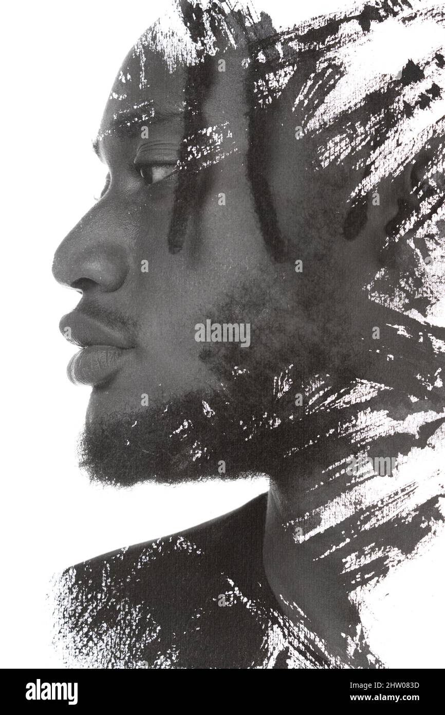 Ein schwarz-weißes Porträt eines Mannes kombiniert mit schwarzen Striche. Paintographie. Stockfoto