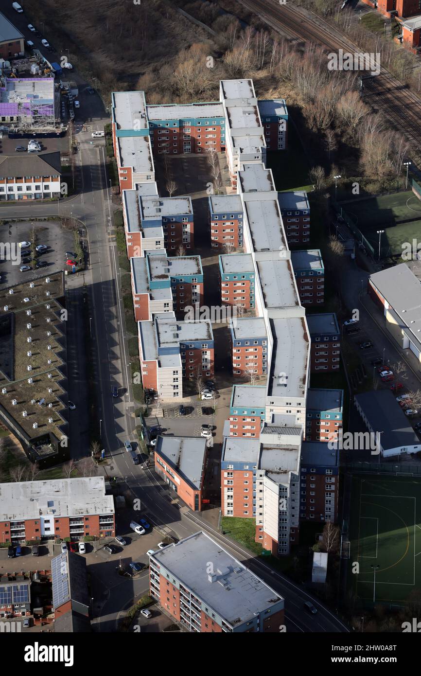 Luftaufnahme der iQ Student Accommodation Pavilions, Studentenwohnheime der Lincoln University Stockfoto