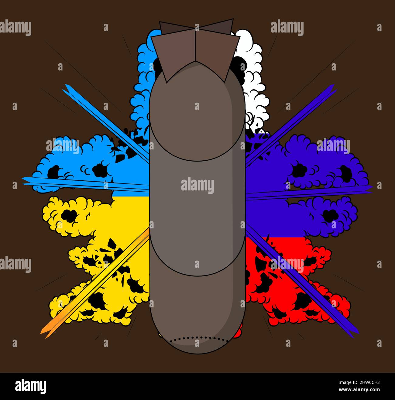 Konflikt zwischen der Ukraine und Russland. Politische, militärische Aggression, Kämpfe, Kriegskonzept mit Flaggenfarben auf Explosion und Bombe. Stock Vektor