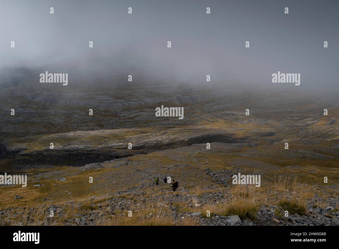 Drei Trekker, die einen grasbewachsenen Berg unter dem Nebel hinuntergehen Stockfoto