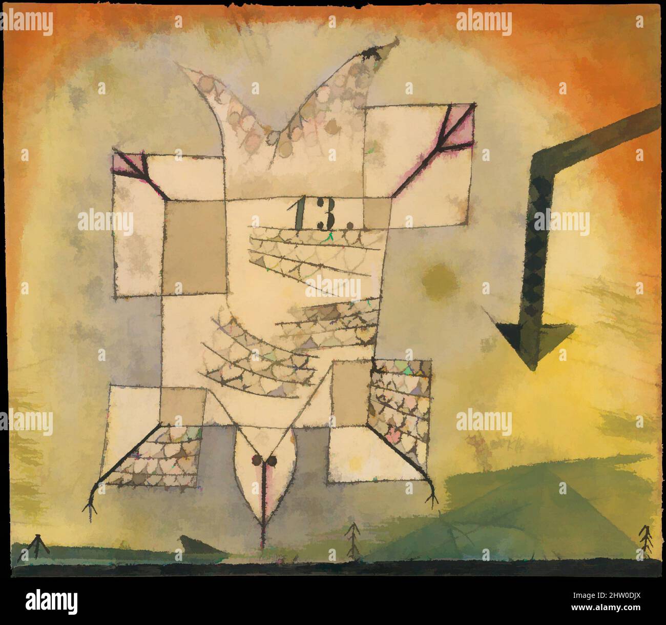 Art Inspired by Falling Bird, 1919, Aquarell, Transferdruckfarbe und Tinte auf Papier, mit Tinte umrandet, auf Karton montiert, 9 1/4 × 10 5/8 Zoll (23,5 × 27 cm), Zeichnungen, Paul Klee (geboren in der Schweiz), Münchenbuchsee 1879–1940 Muralto-Locarno, Klassische Werke, die von Artotop mit einem Schuss Moderne modernisiert wurden. Formen, Farbe und Wert, auffällige visuelle Wirkung auf Kunst. Emotionen durch Freiheit von Kunstwerken auf zeitgemäße Weise. Eine zeitlose Botschaft, die eine wild kreative neue Richtung verfolgt. Künstler, die sich dem digitalen Medium zuwenden und die Artotop NFT erschaffen Stockfoto