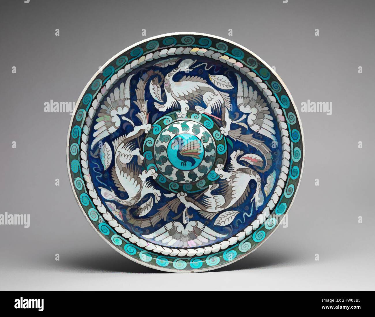 Kunst inspiriert von Plate, ca. 1890–1907, British (London), Keramik,  Durchmesser: 16 Zoll x Tiefe: 2 1/2 Zoll (40,6 x 6,4 cm), Keramik-Töpferei,  bekannt für seine blau-türkisfarbene Keramik im persischen Stil, inspiriert  von