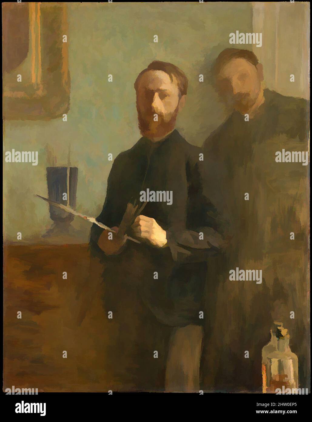 Art Inspired by Self-Portrait with Waroquy, 1889, Öl auf Leinwand, 36 1/2 x 28 1/2 Zoll (92,7 x 72,4 cm), Gemälde, Édouard Vuillard (französisch, Cuiseaux 1868–1940 La Baule), in seinem nüchternen, hochkragenigen Gewand könnte der nachdenkliche 23-jährige Vuillard als Beamter genommen werden, Klassische Werke, die von Artotop mit einem Schuss Moderne modernisiert wurden. Formen, Farbe und Wert, auffällige visuelle Wirkung auf Kunst. Emotionen durch Freiheit von Kunstwerken auf zeitgemäße Weise. Eine zeitlose Botschaft, die eine wild kreative neue Richtung verfolgt. Künstler, die sich dem digitalen Medium zuwenden und die Artotop NFT erschaffen Stockfoto