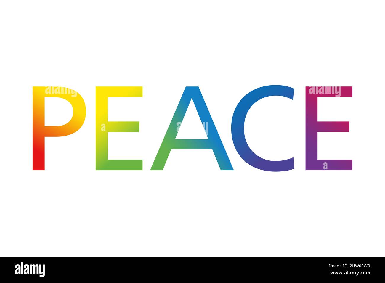 Regenbogenfarbene FRIEDENSBRIEFE. Schriftzug für das englische Wort Frieden, als Symbol und Zeichen für die friedliche und pazifistische Gesellschaft der Zukunft. Stockfoto