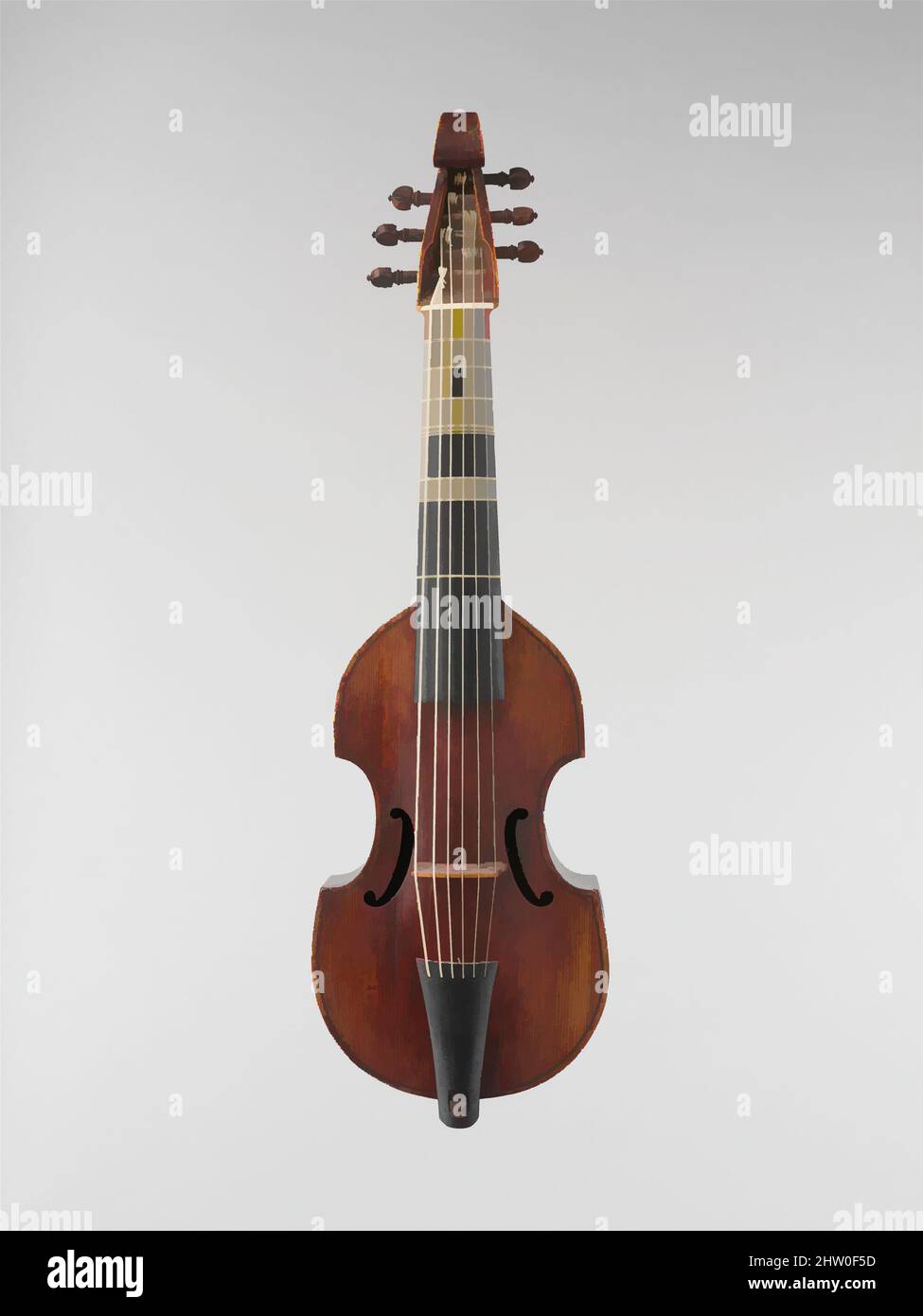 Kunst inspiriert von Treble Viol, 1726, Paris, Frankreich, Holz, Korpuslänge: 34,5 cm., Chordophon-Laute-gebeugt-genarbt, Jean Ouvrard (französisch, Paris ca. 1720–1748 Paris), Diese Treble Viol behält seinen ursprünglichen Hals, Griffbrett und Saitenhalter und ist ein seltenes Beispiel für ein professionelles, klassisches Werk, das von Artotop mit einem Schuss Moderne modernisiert wurde. Formen, Farbe und Wert, auffällige visuelle Wirkung auf Kunst. Emotionen durch Freiheit von Kunstwerken auf zeitgemäße Weise. Eine zeitlose Botschaft, die eine wild kreative neue Richtung verfolgt. Künstler, die sich dem digitalen Medium zuwenden und die Artotop NFT erschaffen Stockfoto