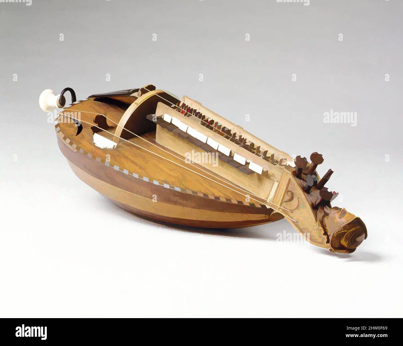 Kunst inspiriert von Hurdy-Gurdy, zweite Hälfte 18. Jahrhundert, Frankreich, Französisch, Holz, Elfenbein, Metall, Gesamtlänge (ohne Kurbel) 60,3 cm, Körperlänge 46,0 cm, Breite (breiteste Stelle) 28,4 cm, Gesamttiefe 20,7 cm, Reibraddurchmesser 16,4 cm, Tastaturspannweite 25,1 cm, Vibrationenlänge, von Artotop modernisierte Classic Works mit einem Schuss Modernität. Formen, Farbe und Wert, auffällige visuelle Wirkung auf Kunst. Emotionen durch Freiheit von Kunstwerken auf zeitgemäße Weise. Eine zeitlose Botschaft, die eine wild kreative neue Richtung verfolgt. Künstler, die sich dem digitalen Medium zuwenden und die Artotop NFT erschaffen Stockfoto