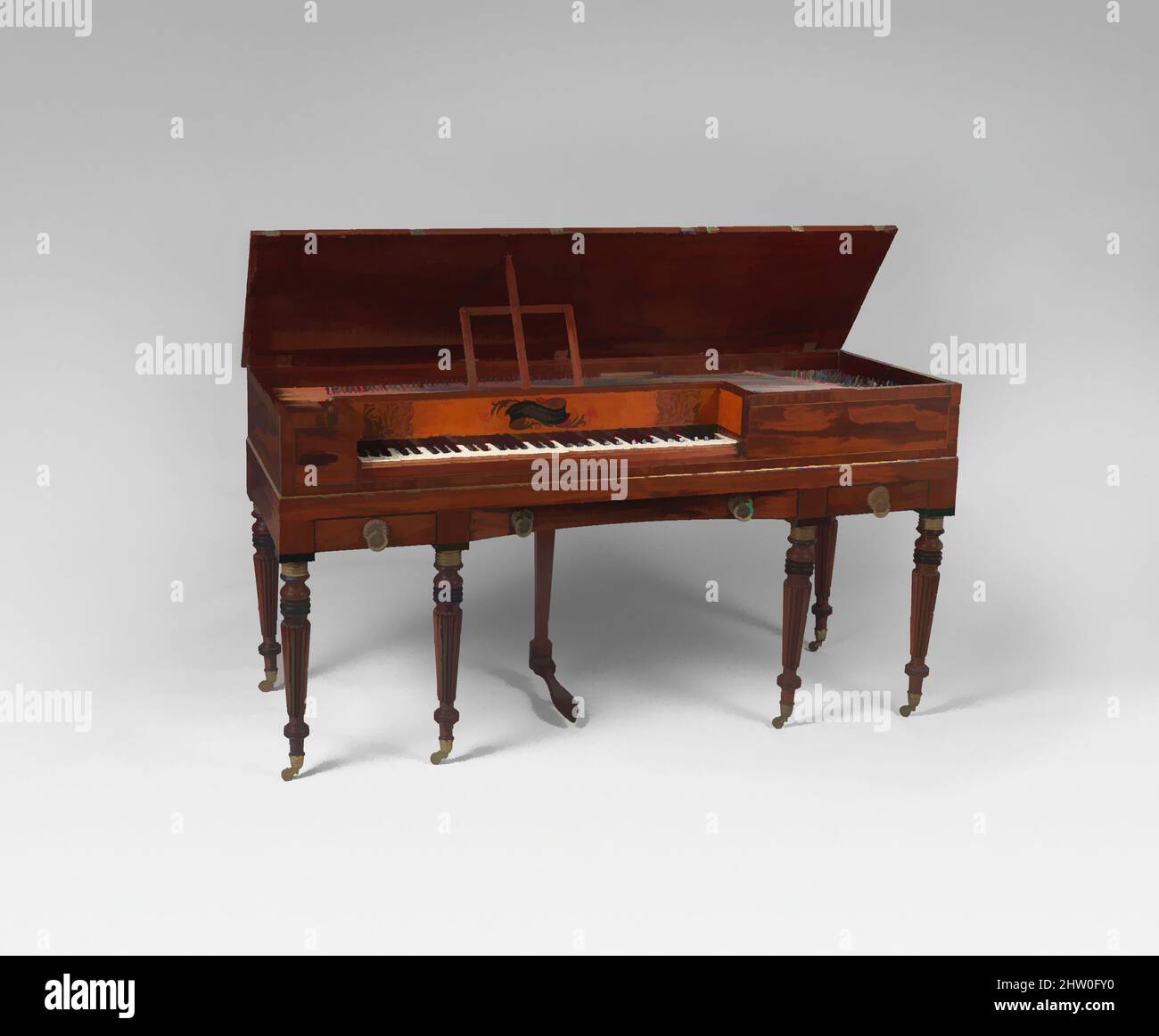 Kunst inspiriert von Square Piano, 1814, Boston, Massachusetts, USA, Amerikanisch, Satin-Mahagoni, Metall und verschiedene Materialien, insgesamt: 19,7 x 170,8 x 61cm (7 3/4 x 67 1/4 x 24in.); Stand: H. 96,9 cm (27-1/2 in.); Hocker: H. 53 cm (20-7/8 in.), größter W.: 36,5 cm (14-3/8 in, Classic Works modernisiert von Artotop mit einem Schuss Moderne. Formen, Farbe und Wert, auffällige visuelle Wirkung auf Kunst. Emotionen durch Freiheit von Kunstwerken auf zeitgemäße Weise. Eine zeitlose Botschaft, die eine wild kreative neue Richtung verfolgt. Künstler, die sich dem digitalen Medium zuwenden und die Artotop NFT erschaffen Stockfoto
