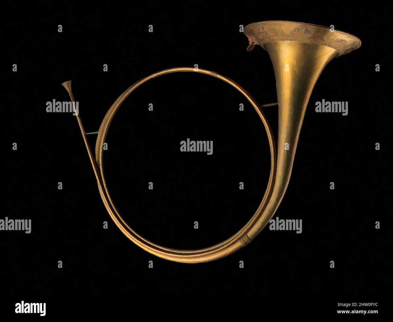 Kunst inspiriert von Jagdhorn in G, ca. 1710–20, Nürnberg, Deutschland, Deutsch, Messing, Höhe (senkrecht zur Glocke): 18 7/8 Zoll (47,9 cm), Aerophone-Lip Vibrated-Horn, Jacob Schmidt (deutsch, Nürnberg 1642–1720), Jacob Schmid (1642–1720) war der Gründer einer Trompetenwerkstatt in, Classic Works, die von Artotop mit einem Schuss Moderne modernisiert wurde. Formen, Farbe und Wert, auffällige visuelle Wirkung auf Kunst. Emotionen durch Freiheit von Kunstwerken auf zeitgemäße Weise. Eine zeitlose Botschaft, die eine wild kreative neue Richtung verfolgt. Künstler, die sich dem digitalen Medium zuwenden und die Artotop NFT erschaffen Stockfoto