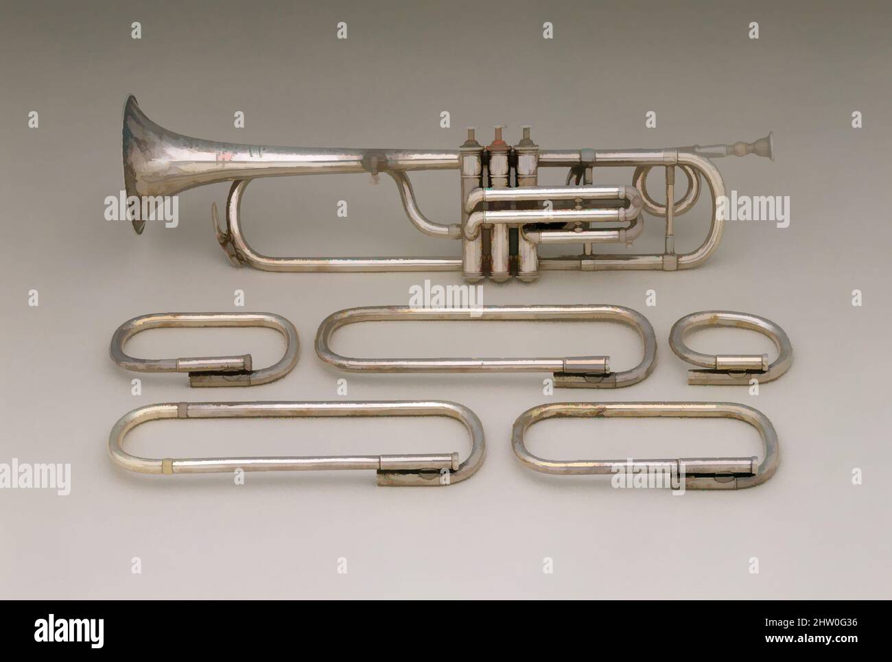 Kunst inspiriert von Valve Trumpet in F, 1881–85, Paris, Frankreich, Französisch, Messing, versilbert, Breite: 20 1/2 Zoll (52 cm), Aerophone-Lip Vibrated-Trompete / Posaune, Courtois & Mille (Französisch), Diese Trompete hat Périnet-Ventile, die auf französischen Instrumenten der Zeit zwischen 1860 üblich sind, Klassische Werke, die von Artotop mit einem Schuss Moderne modernisiert wurden. Formen, Farbe und Wert, auffällige visuelle Wirkung auf Kunst. Emotionen durch Freiheit von Kunstwerken auf zeitgemäße Weise. Eine zeitlose Botschaft, die eine wild kreative neue Richtung verfolgt. Künstler, die sich dem digitalen Medium zuwenden und die Artotop NFT erschaffen Stockfoto