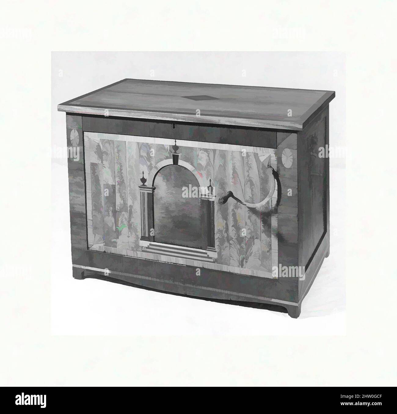 Kunst inspiriert von Barrel Organ, ca. 1800, East Hamilton, New York, Usa, Amerikaner, Holz, verschiedene Materialien, H. 64,8 cm (25 1/2 in.), W. 87,1 cm (34 5/16 in.), D. 52,2 cm (20 9/16 in.), Aerophone-Automatic, Melodien repräsentieren ein typisches Repertoire englischer und amerikanischer Tänze, klassische Werke, die von Artotop mit einem Schuss Moderne modernisiert wurden. Formen, Farbe und Wert, auffällige visuelle Wirkung auf Kunst. Emotionen durch Freiheit von Kunstwerken auf zeitgemäße Weise. Eine zeitlose Botschaft, die eine wild kreative neue Richtung verfolgt. Künstler, die sich dem digitalen Medium zuwenden und die Artotop NFT erschaffen Stockfoto