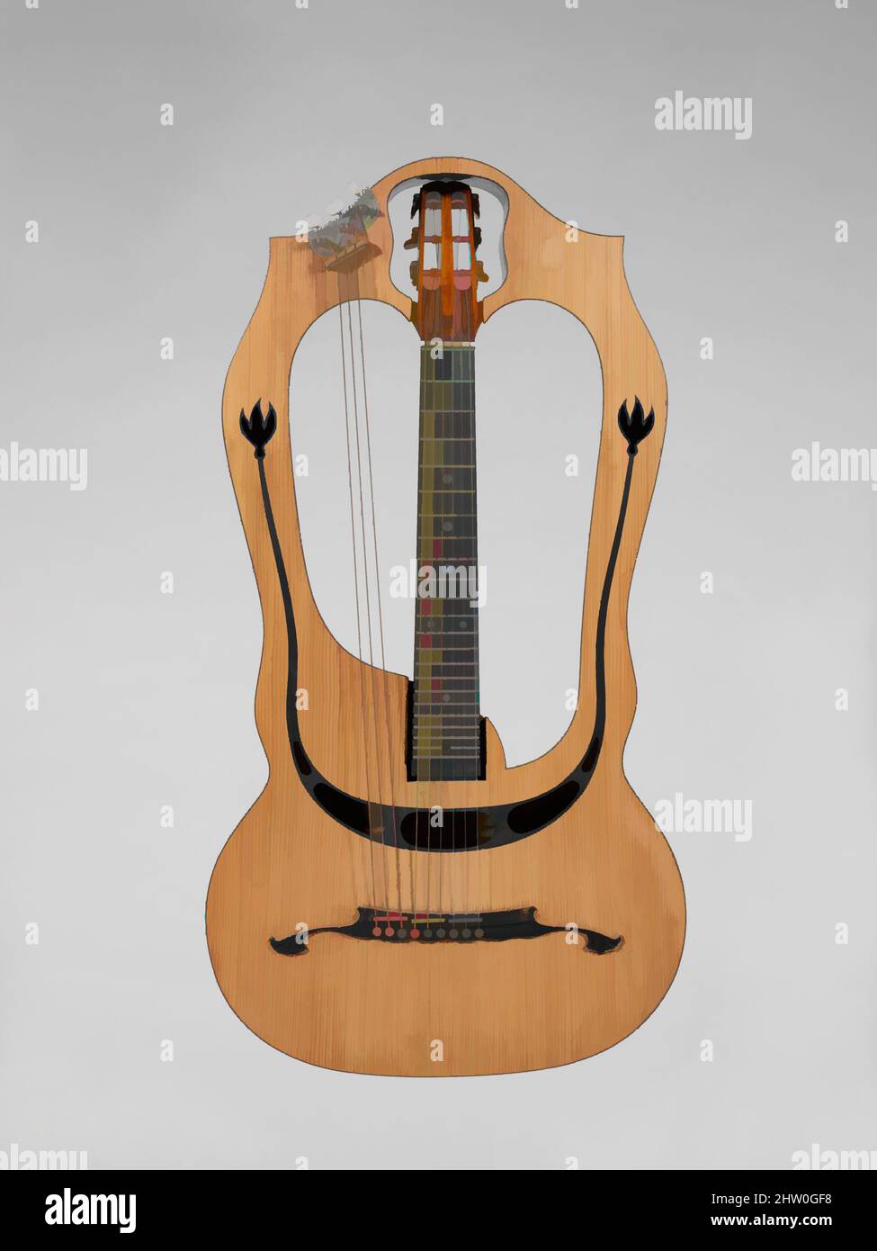 Kunst inspiriert von Harp Guitar, ca. 1915, Cento, Italien, Italienisch, Ahorn, Fichte, Ebenholz, Metall, 33 × 17 1/2 × 2 5/8 Zoll (83,8 × 44,4 × 6,7 cm), Chordophon-Laute-gerupft-gerupft, Luigi Mozzani (italienisch, Faenza 1869–1943 Rovereto), Dieses ungewöhnlich aussehende Instrument wurde von seinem Hersteller The, Classic Works benannt, das von Artotop mit einem Schuss Moderne modernisiert wurde. Formen, Farbe und Wert, auffällige visuelle Wirkung auf Kunst. Emotionen durch Freiheit von Kunstwerken auf zeitgemäße Weise. Eine zeitlose Botschaft, die eine wild kreative neue Richtung verfolgt. Künstler, die sich dem digitalen Medium zuwenden und die Artotop NFT erschaffen Stockfoto