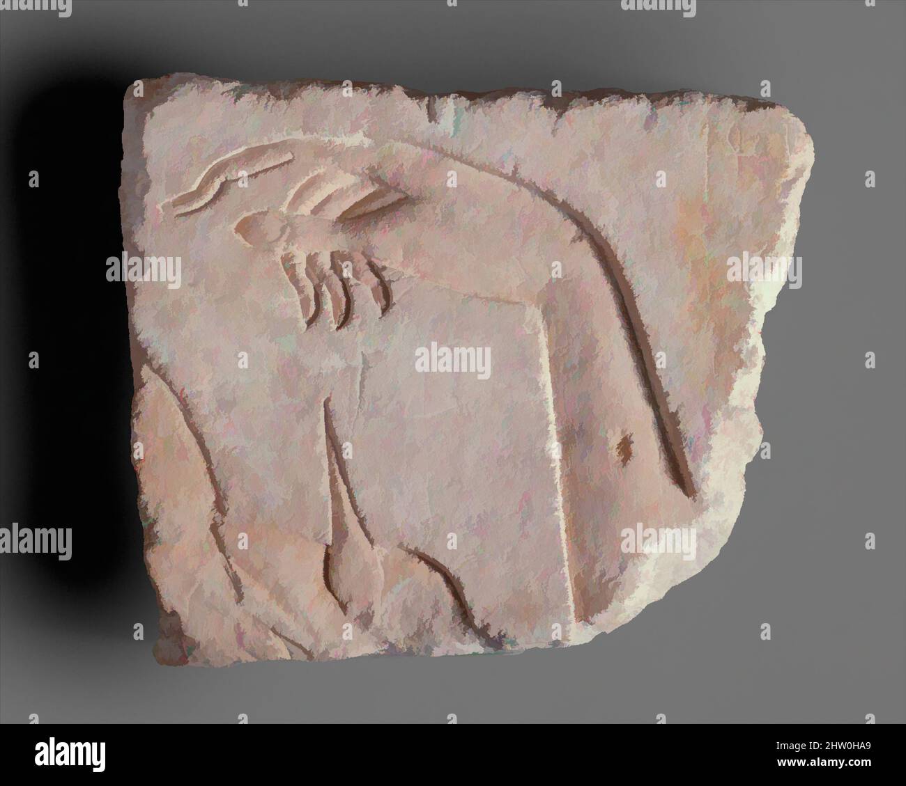 Kunst inspiriert von Royal Hand, New Kingdom, Amarna-Zeit, Dynastie 18, ca. 1353–1336 v. Chr., aus Ägypten; wahrscheinlich aus Mittelägypten, Hermopolis (Ashmunein; Khemenu); wahrscheinlich ursprünglich aus Amarna (Akhetaten), Kalkstein, Farbe, h.. 23,5 cm (9 1/4 Zoll); mit 27,5 cm (10 13/16 Zoll); d. 3,6 cm (1, Classic Works modernisiert von Artotop mit einem Schuss Moderne. Formen, Farbe und Wert, auffällige visuelle Wirkung auf Kunst. Emotionen durch Freiheit von Kunstwerken auf zeitgemäße Weise. Eine zeitlose Botschaft, die eine wild kreative neue Richtung verfolgt. Künstler, die sich dem digitalen Medium zuwenden und die Artotop NFT erschaffen Stockfoto