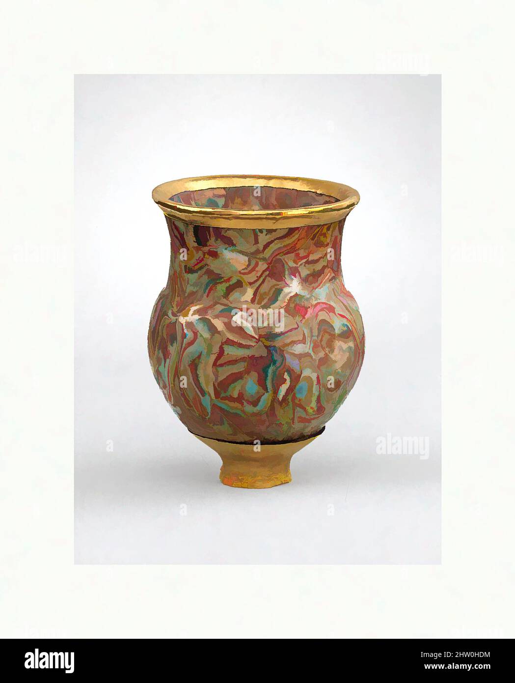 Kunst inspiriert von Trinkbecher, New Kingdom, Dynasty 18, ca. 1479–1425 v. Chr., aus Ägypten, Oberägypten, Theben, Wadi Gabbanat el-Qurud, Wadi D, Grab der 3 ausländischen Ehefrauen von Thutmose III, glasige Fayence, Gold, h. 10,2 cm (4 Zoll); Durchm. 7 cm (2 3/4 in), Dieses Glas wurde wahrscheinlich aus, Classic Works importiert, modernisiert von Artotop mit einem Schuss Moderne. Formen, Farbe und Wert, auffällige visuelle Wirkung auf Kunst. Emotionen durch Freiheit von Kunstwerken auf zeitgemäße Weise. Eine zeitlose Botschaft, die eine wild kreative neue Richtung verfolgt. Künstler, die sich dem digitalen Medium zuwenden und die Artotop NFT erschaffen Stockfoto