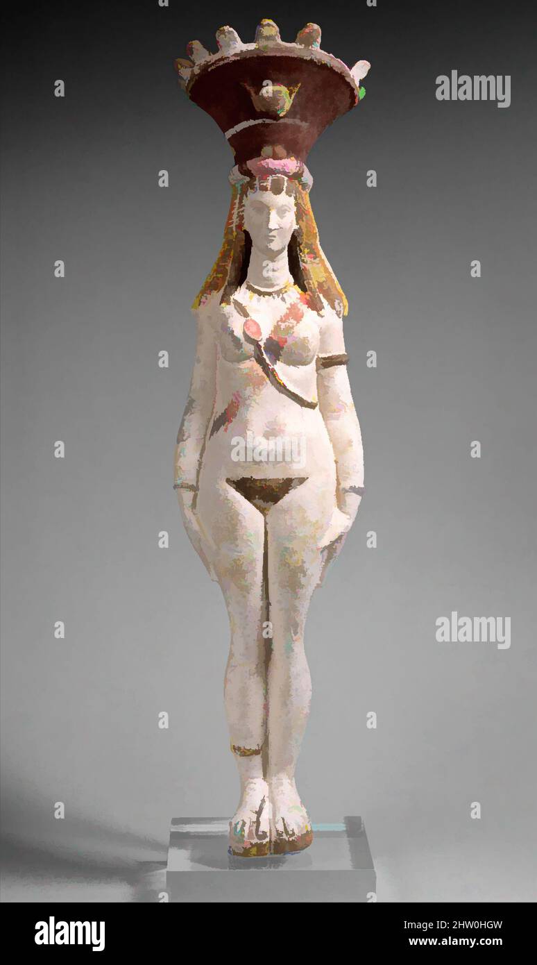 Kunst inspiriert durch Figur der Isis-Aphrodite, Römerzeit, 2. Jahrhundert n. Chr., aus Ägypten, Terrakotta braun bemalt, Schwarz, rot und rosa auf weißen engobes, h.. 49,5 cm (19 1/2 Zoll); mit 12,5 cm (4 15/16 in), ist Isis-Aphrodite eine Form der großen Göttin Isis, die die Fruchtbarkeit betont, Klassische Werke, die von Artotop mit einem Schuss Moderne modernisiert wurden. Formen, Farbe und Wert, auffällige visuelle Wirkung auf Kunst. Emotionen durch Freiheit von Kunstwerken auf zeitgemäße Weise. Eine zeitlose Botschaft, die eine wild kreative neue Richtung verfolgt. Künstler, die sich dem digitalen Medium zuwenden und die Artotop NFT erschaffen Stockfoto