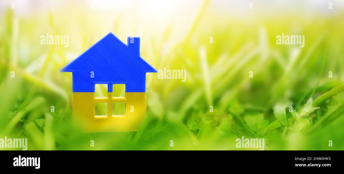 Hausmodell auf dem Gras in Urainian-Flaggenfarben Stockfoto