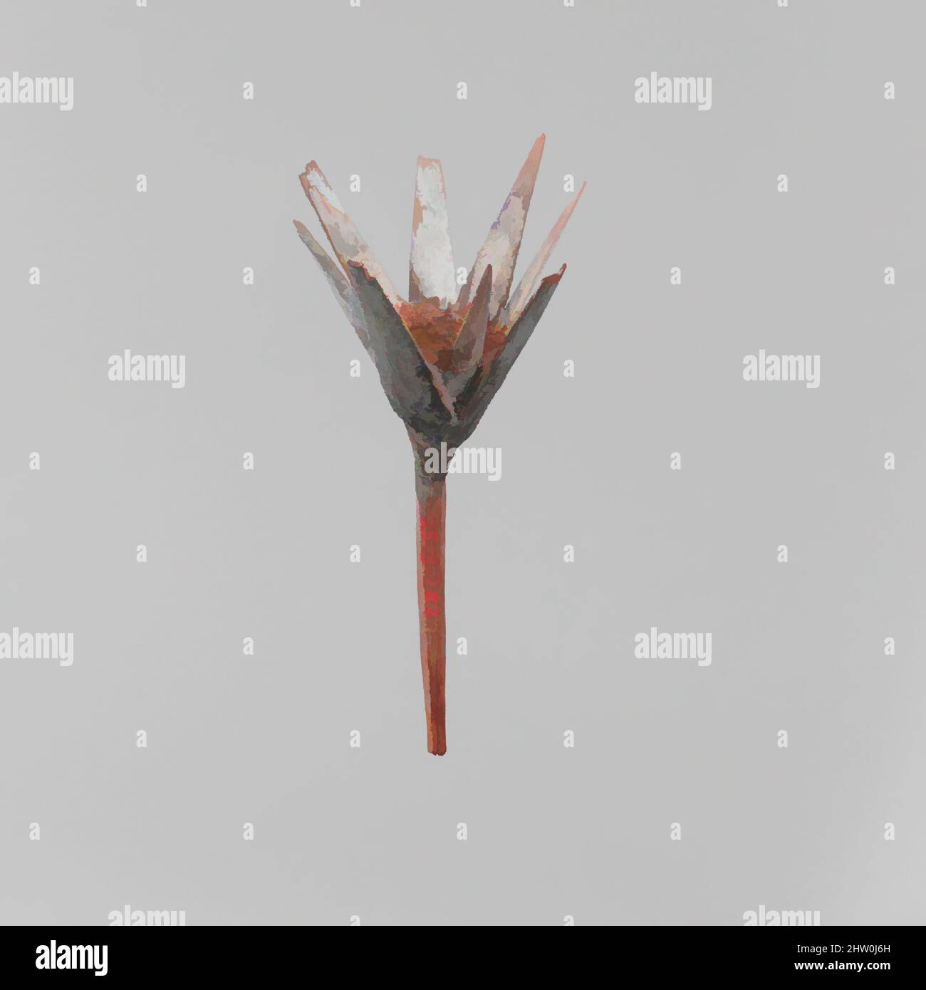 Kunst inspiriert von Model Lotos Blume, mittleres Königreich, späte Dynastie 11, ca. 2051–1981 v. Chr., aus Ägypten, Oberägypten, Theben, Deir el-Bahri, Tempel von Mentuhotep II, Nordkolonnade, Grube 5, 1922–23, bemaltes und verputztes Holz, H. 4 1/8 in. (10,5 cm), die Seerose, besser bekannt als, klassische Werke, die von Artotop mit einem Schuss Moderne modernisiert wurden. Formen, Farbe und Wert, auffällige visuelle Wirkung auf Kunst. Emotionen durch Freiheit von Kunstwerken auf zeitgemäße Weise. Eine zeitlose Botschaft, die eine wild kreative neue Richtung verfolgt. Künstler, die sich dem digitalen Medium zuwenden und die Artotop NFT erschaffen Stockfoto