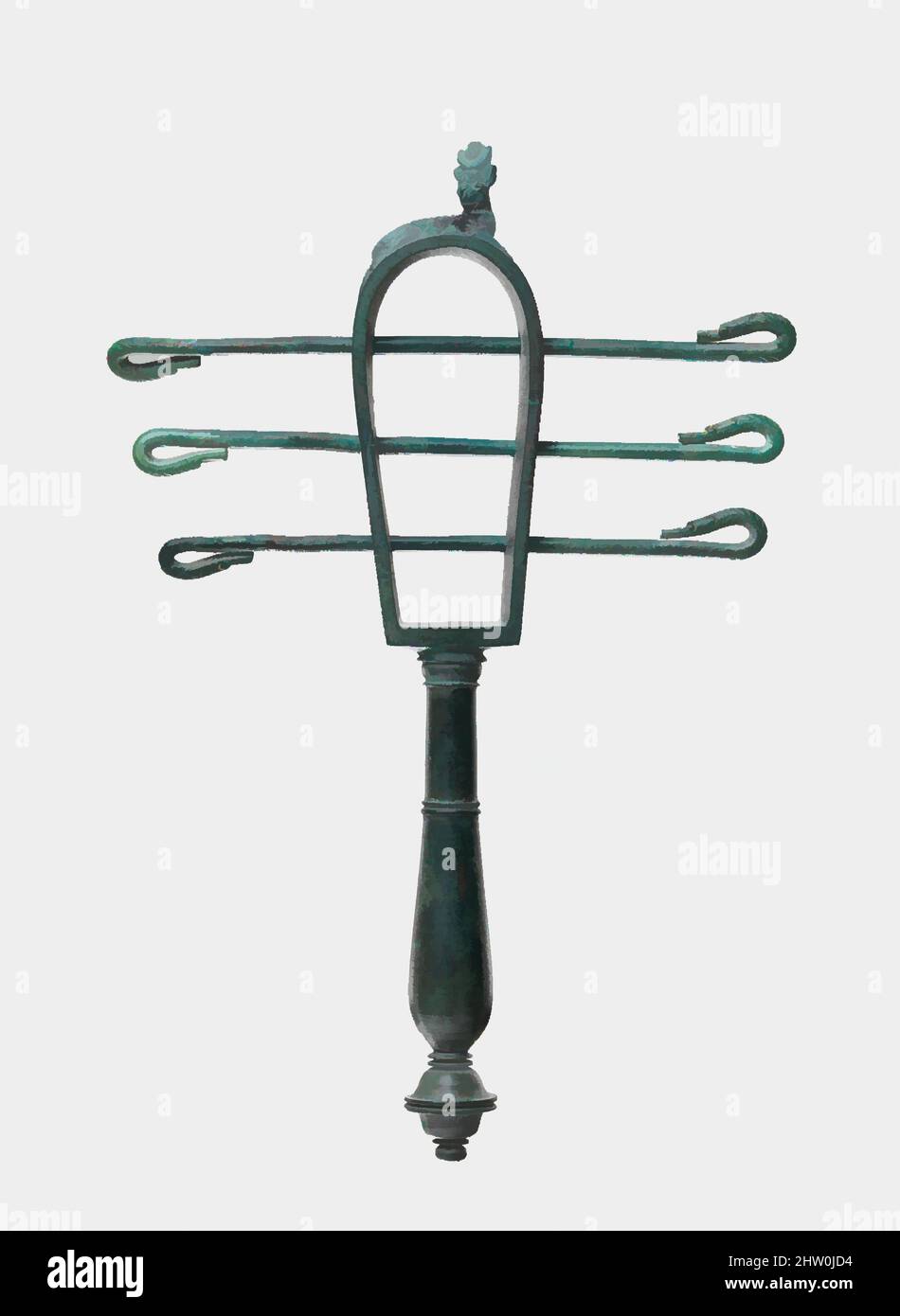 Kunst inspiriert von Sistrum, Römerzeit, AD 1.–2. Jahrhundert, aus Ägypten oder Italien, Südeuropa, Bronze oder Kupfer-Legierung, h.. 20,6 cm (8 1/8 Zoll); mit 14 cm (5 1/2 in), Obwohl die Klangelemente verschwunden sind, bleiben die Drähte auf diesem funktionellen Bogensistrum erhalten. The Drahtes, Classic Works modernisiert von Artotop mit einem Schuss Moderne. Formen, Farbe und Wert, auffällige visuelle Wirkung auf Kunst. Emotionen durch Freiheit von Kunstwerken auf zeitgemäße Weise. Eine zeitlose Botschaft, die eine wild kreative neue Richtung verfolgt. Künstler, die sich dem digitalen Medium zuwenden und die Artotop NFT erschaffen Stockfoto