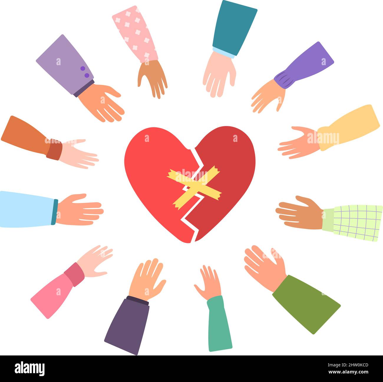 Hände verschiedener Nationalitäten zusammen und gebrochenes Herz mit Bandhilfe fixiert. Konzept für gegenseitige Hilfe, Betreuung und Unterstützung. Vektorgrafik flach Stock Vektor