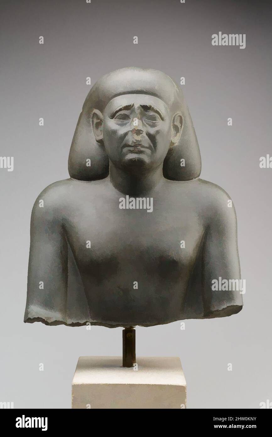 Kunst inspiriert von Büste eines Beamten, späte Periode, Dynastie 30, 380–342 v. Chr., aus Ägypten; Wahrscheinlich aus der Memphite Region, Memphis (mit Rahina), Ptah Temple, Greywacke, H. 38,1 cm (15 in.); W. 30,1 cm (11 7/8 in.); D. 17,3 cm (6 13/16 in.), nur sehr selten vermitteln ägyptische Statuen, von Artotop modernisierte klassische Werke mit einem Schuss Moderne. Formen, Farbe und Wert, auffällige visuelle Wirkung auf Kunst. Emotionen durch Freiheit von Kunstwerken auf zeitgemäße Weise. Eine zeitlose Botschaft, die eine wild kreative neue Richtung verfolgt. Künstler, die sich dem digitalen Medium zuwenden und die Artotop NFT erschaffen Stockfoto