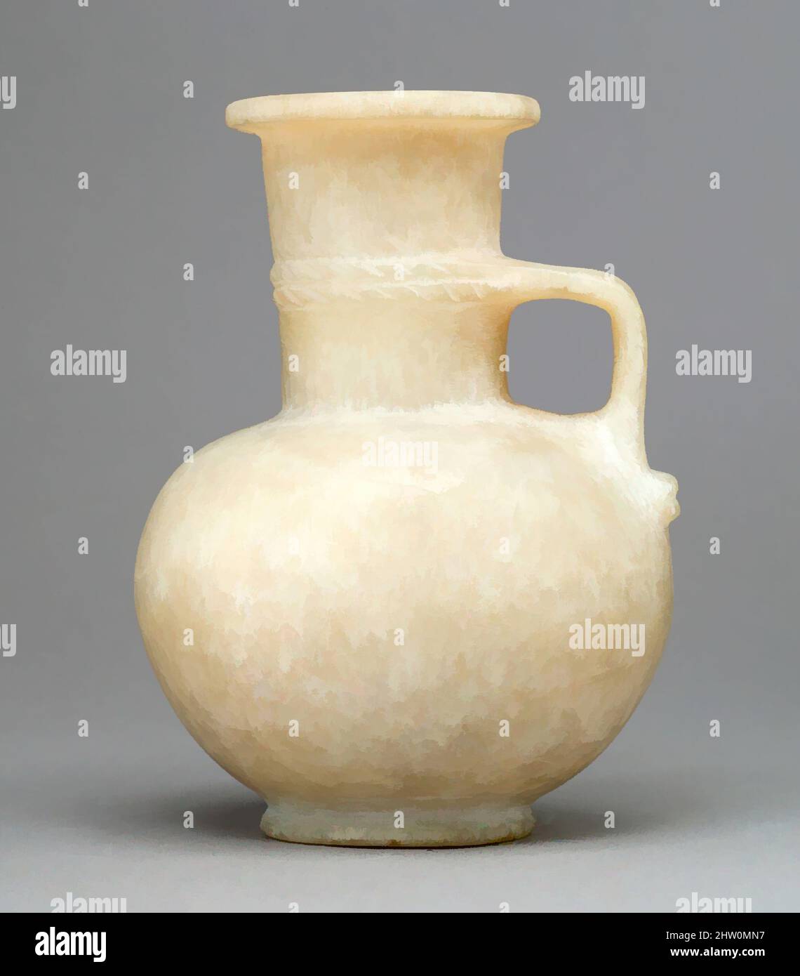 Kunst inspiriert von Krug mit Seilmuster, New Kingdom, Dynasty 18, ca. 1479–1425 v. Chr., aus Ägypten, Oberägypten, Theben, Wadi Gabbanat el-Qurud, Wadi D, Grab der 3 ausländischen Ehefrauen von Thutmose III, kristalliner und gebänderter Travertin (ägyptischer Alabaster), H. 20,7 cm (8 1/8 in); Durchm. 15 cm (, Classic Works modernisiert von Artotop mit einem Schuss Moderne. Formen, Farbe und Wert, auffällige visuelle Wirkung auf Kunst. Emotionen durch Freiheit von Kunstwerken auf zeitgemäße Weise. Eine zeitlose Botschaft, die eine wild kreative neue Richtung verfolgt. Künstler, die sich dem digitalen Medium zuwenden und die Artotop NFT erschaffen Stockfoto