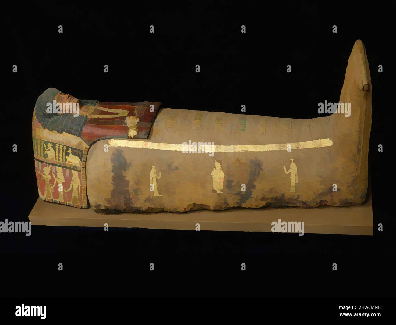 Kunst inspiriert von der Mumie von Artemidora, Römerzeit, 90–100 n. Chr., aus Ägypten, Mittelägypten, Meir, Ausgrabungen in Khashaba, 1910–11, menschliche Überreste, Leinen, Mumification Material, bemalt, verputzt und vergoldet Blutbad, L. 196 cm (77 3/16 in); W. 53 cm (20 7/8 in), die Maske stellt eine, Classic Works modernisiert von Artotop mit einem Schuss Moderne. Formen, Farbe und Wert, auffällige visuelle Wirkung auf Kunst. Emotionen durch Freiheit von Kunstwerken auf zeitgemäße Weise. Eine zeitlose Botschaft, die eine wild kreative neue Richtung verfolgt. Künstler, die sich dem digitalen Medium zuwenden und die Artotop NFT erschaffen Stockfoto