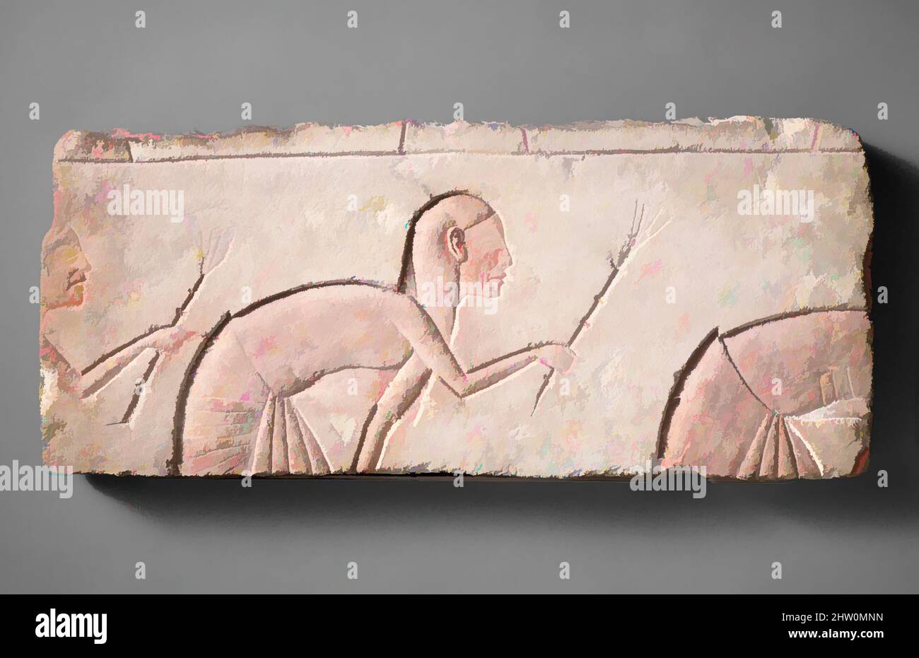 Kunst inspiriert von Verbeugten, New Kingdom, Amarna-Zeit, Dynastie 18, ca. 1353–1336 v. Chr., aus Ägypten; wahrscheinlich aus Mittelägypten, Hermopolis (Ashmunein; Khemenu); wahrscheinlich ursprünglich aus Amarna (Akhetaten), Kalkstein, Farbe, H. 22,8 cm (9 in); W. 54 cm (21 1/4 in), in diesem, Classic Works modernisiert von Artotop mit einem Schuss Moderne. Formen, Farbe und Wert, auffällige visuelle Wirkung auf Kunst. Emotionen durch Freiheit von Kunstwerken auf zeitgemäße Weise. Eine zeitlose Botschaft, die eine wild kreative neue Richtung verfolgt. Künstler, die sich dem digitalen Medium zuwenden und die Artotop NFT erschaffen Stockfoto