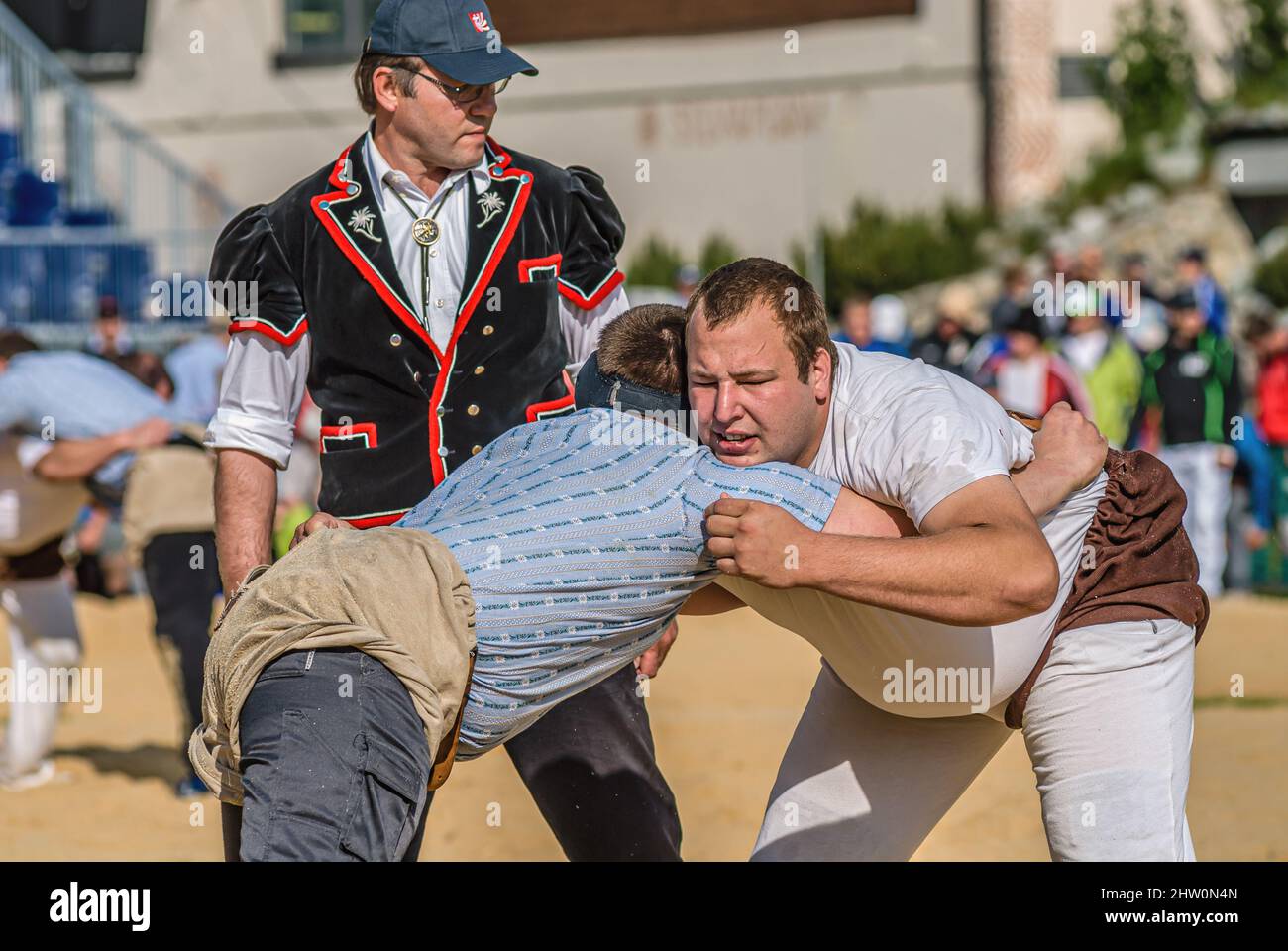 Schweizer Wrestler kämpfen bei der NOS 2012 in Silvaplana, Schweiz Stockfoto