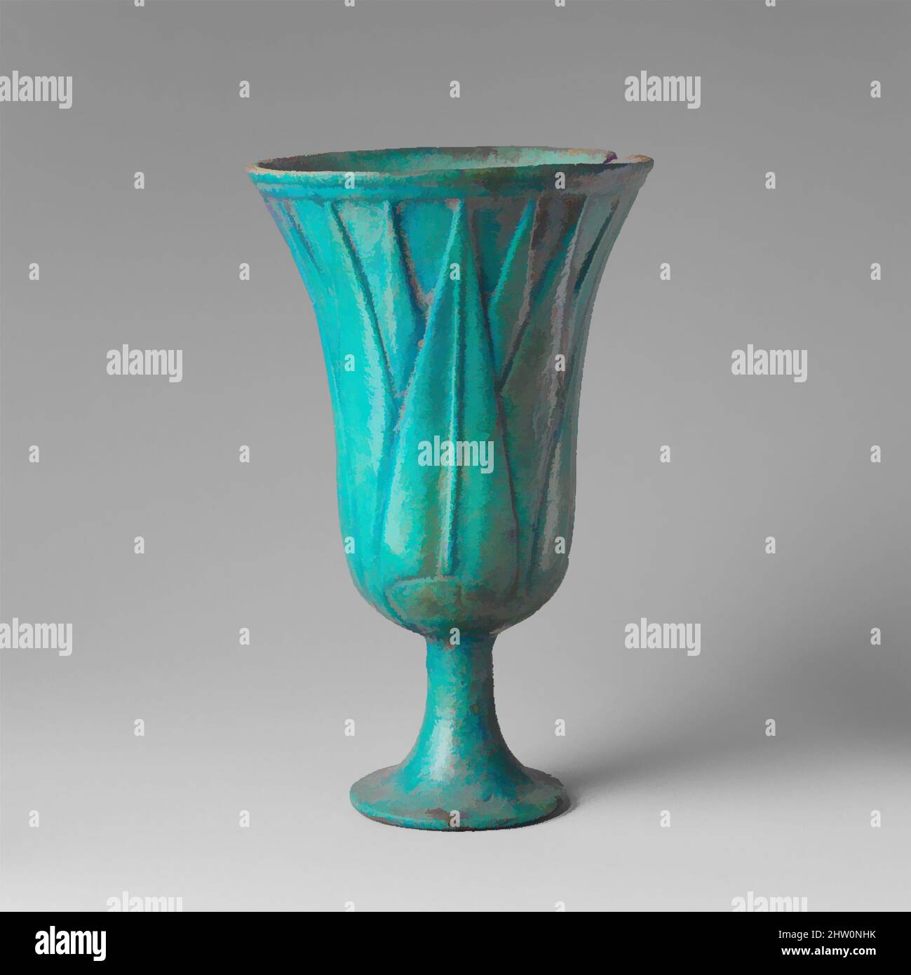 Kunst inspiriert von Lotiform Cup, New Kingdom, Ramesside, Dynasty 19, ca. 1295–1185 v. Chr., aus Ägypten, Faience, H. 15 (5 7/8 in); Durchm. 9. 1 cm (3 9/16 in), die Symbolik dieses lotusförmigen Kelches kann entweder eine Assoziation mit den schmerzlindernden Eigenschaften der Seerose oder mit den von Artotop modernisierten klassischen Werken mit einem Schuss Moderne widerspiegeln. Formen, Farbe und Wert, auffällige visuelle Wirkung auf Kunst. Emotionen durch Freiheit von Kunstwerken auf zeitgemäße Weise. Eine zeitlose Botschaft, die eine wild kreative neue Richtung verfolgt. Künstler, die sich dem digitalen Medium zuwenden und die Artotop NFT erschaffen Stockfoto