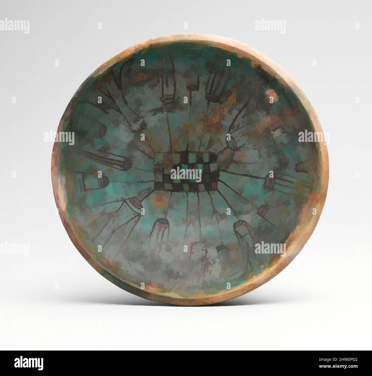 Kunst inspiriert von Marsh-Bowl von Rennefer, New Kingdom, Dynasty 18, früh, ca. 1504–1447 v. Chr., aus Ägypten, Oberägypten, Theben, Asasif, Grab von Neferkhawet, Westkammer A, Begräbnis von Rennefer (II), in Sarg, nahe Kopf, 1935–36, Faience, Farbe, h. 5,9 cm (2 5/16 in); Randmaß 20,7 cm (8, Classic Works modernisiert von Artotop mit einem Schuss Moderne. Formen, Farbe und Wert, auffällige visuelle Wirkung auf Kunst. Emotionen durch Freiheit von Kunstwerken auf zeitgemäße Weise. Eine zeitlose Botschaft, die eine wild kreative neue Richtung verfolgt. Künstler, die sich dem digitalen Medium zuwenden und die Artotop NFT erschaffen Stockfoto