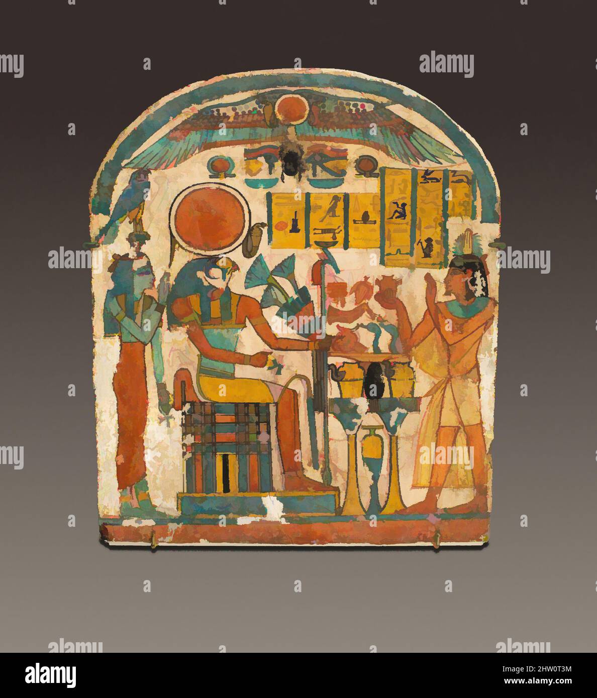 Kunst inspiriert von Stela von Saiah, Dritte Zwischenperiode, Dynastie 22, ca. 825–712 v. Chr., aus Ägypten, Oberägypten, Theben, Deir el-Bahri, Grab, 1921–22, Holz, Gesso, Farbe, H. 23,8 cm (9 3/8 in.), Dies ist eine von vier Stelen, die in der Nähe der Eingangstür der Backsteinkapelle der Familie der klassischen Werke gefunden wurden, die von Artotop mit einem Schuss Moderne modernisiert wurden. Formen, Farbe und Wert, auffällige visuelle Wirkung auf Kunst. Emotionen durch Freiheit von Kunstwerken auf zeitgemäße Weise. Eine zeitlose Botschaft, die eine wild kreative neue Richtung verfolgt. Künstler, die sich dem digitalen Medium zuwenden und die Artotop NFT erschaffen Stockfoto