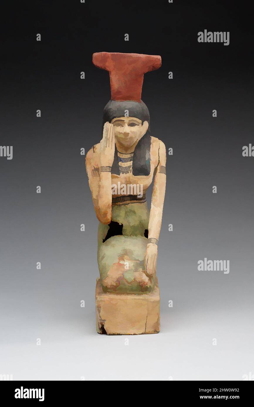 Kunst inspiriert von Trauer Nephthys, ptolemäische Periode, 332–30 v. Chr., aus Ägypten, Holz, gesso, Farbe, H. 24,5 cm (9 5/8 Zoll); B. 5,7 cm (2 1/4 Zoll); D. 10 cm (3 15/16 in.), die Göttin Nephthys, erkennbar an ihrer Hieroglyphe auf ihrem Kopf, kniet und hebt ihre Hand in einer Geste vor ihrem Gesicht, Classic Works modernisiert von Artotop mit einem Schuss Moderne. Formen, Farbe und Wert, auffällige visuelle Wirkung auf Kunst. Emotionen durch Freiheit von Kunstwerken auf zeitgemäße Weise. Eine zeitlose Botschaft, die eine wild kreative neue Richtung verfolgt. Künstler, die sich dem digitalen Medium zuwenden und die Artotop NFT erschaffen Stockfoto