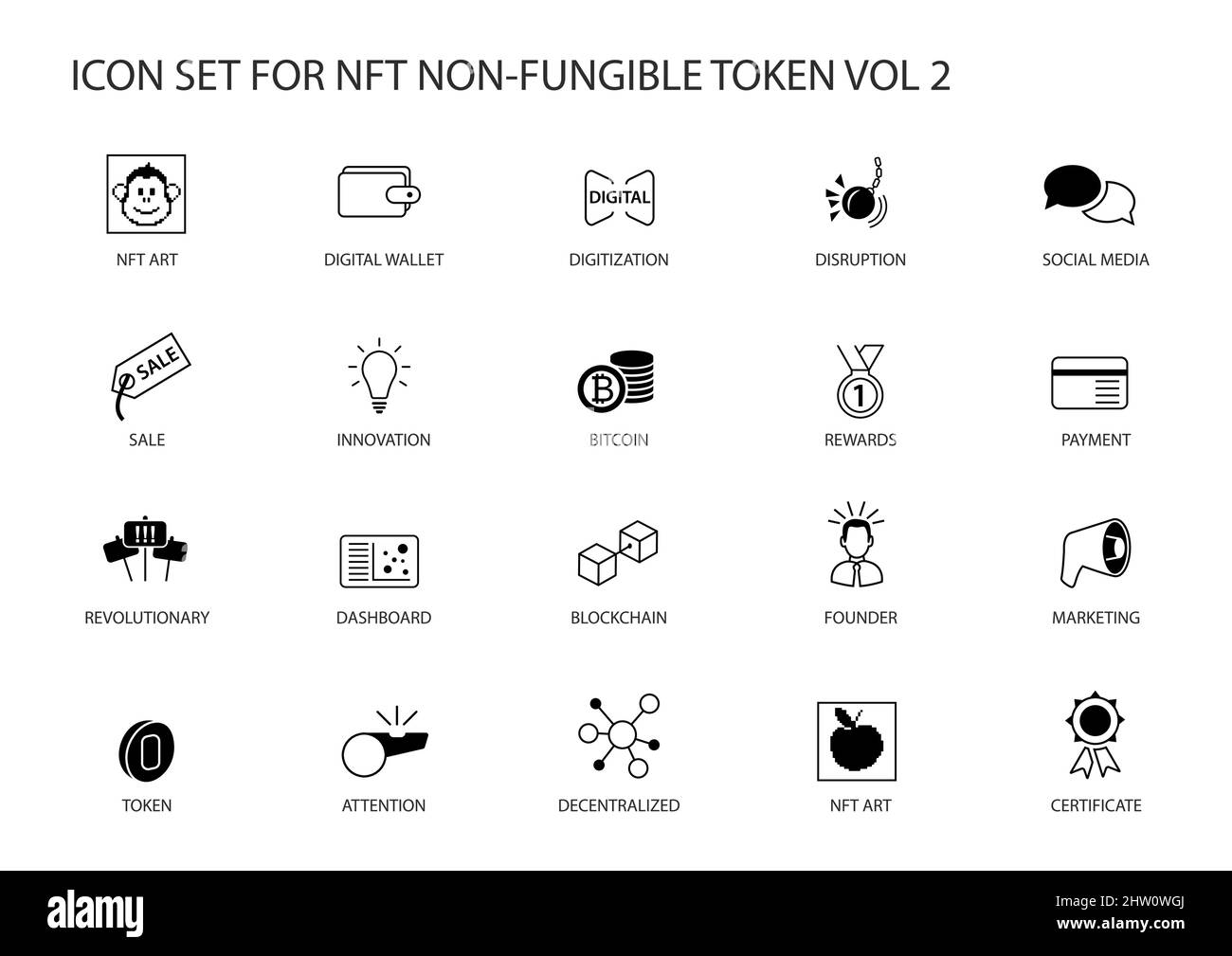 NFT nicht-fungible Token-Vektor-Symbol für Infografiken gesetzt. Enthält Symbole wie defi, Token, Dezentralisierung, Marktplatz, web3 Stock Vektor