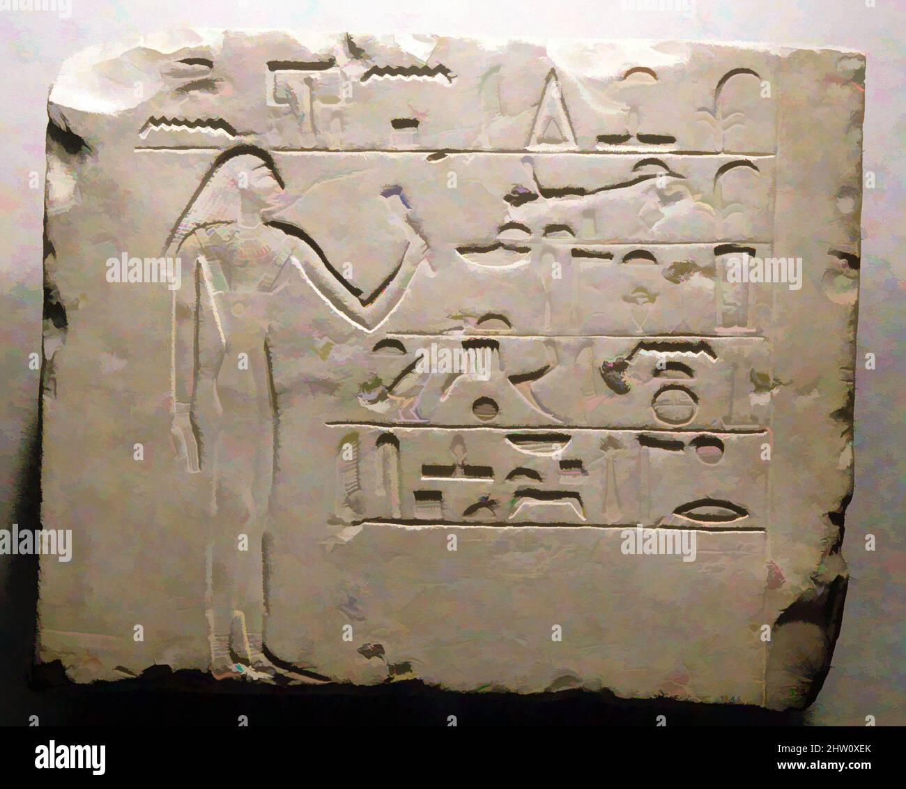 Kunst inspiriert von Grabstele von Hetepsi, Alter Königreich, Dynastie 6–8, ca. 2323–2100 v. Chr., aus Ägypten, Nord-Oberägypten, Dendera, N-S Pit, nein 511, Egypt Exploration Fund Excavations, 1898, Kalkstein, L. 53 cm (20 7/8 in.); h. Die 44 cm (17 5/16 Zoll) große Stele von Hetepsi wurde in einer Grube für ein von Artotop modernisiertes, klassisches Werk mit einem Schuss Moderne gefunden. Formen, Farbe und Wert, auffällige visuelle Wirkung auf Kunst. Emotionen durch Freiheit von Kunstwerken auf zeitgemäße Weise. Eine zeitlose Botschaft, die eine wild kreative neue Richtung verfolgt. Künstler, die sich dem digitalen Medium zuwenden und die Artotop NFT erschaffen Stockfoto