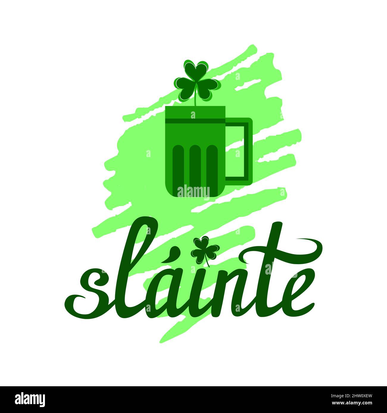 Slainte, Health, Irish Wish oder Toast. Handschriftzug mit Bierkrug, Kleeblatt, auf Markierungsstift-Hintergrund Stock Vektor