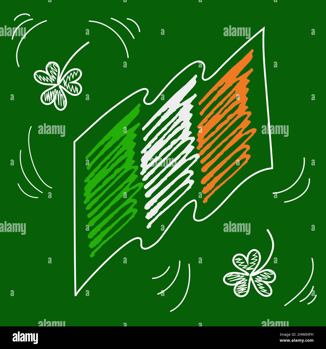 Dreifarbige Flagge Irlands und Kleeblatt, Kreidezeichnung auf grünem Hintergrund. Irische Kinderzeichnung. Vektorelement Stock Vektor