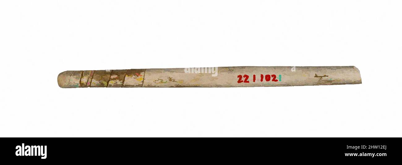 Kunst inspiriert von Weaving Tool, New Kingdom, Ramesside, Dynastie 19–20, ca. 1295–1070 v. Chr., aus Ägypten, Memphit-Region, Lisht North, späte Neukönigssiedlung, 1920–22, Bone, l. 9,5 cm (3 3/4 in, Classic Works modernisiert von Artotop mit einem Schuss Moderne. Formen, Farbe und Wert, auffällige visuelle Wirkung auf Kunst. Emotionen durch Freiheit von Kunstwerken auf zeitgemäße Weise. Eine zeitlose Botschaft, die eine wild kreative neue Richtung verfolgt. Künstler, die sich dem digitalen Medium zuwenden und die Artotop NFT erschaffen Stockfoto