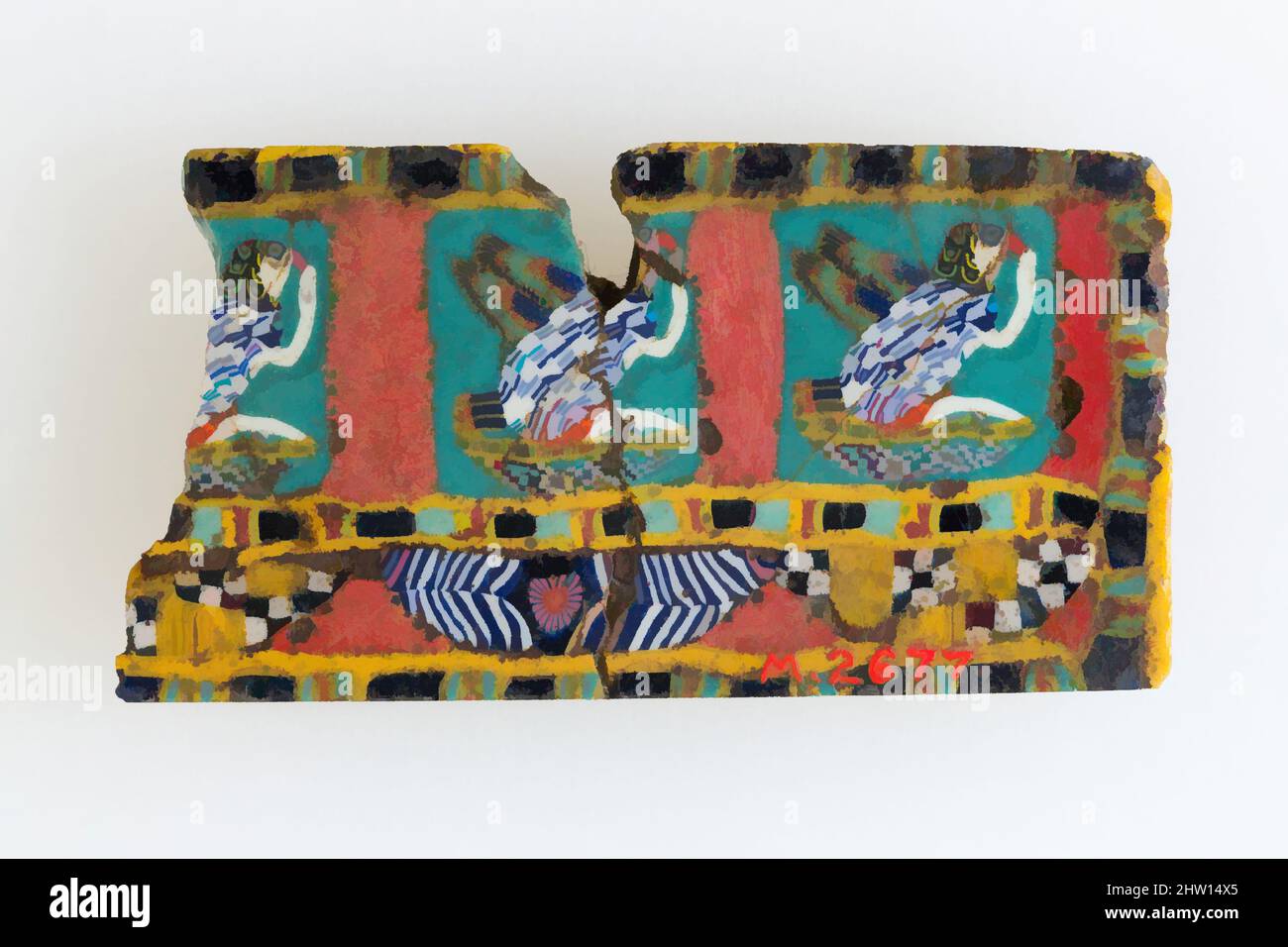 Kunst inspiriert von Inlay-Fragment, rekhyt Vögel, ptolemäische Periode–römische Periode, 100 v. Chr.–100 n. Chr., aus Ägypten, Glas, H. 2,8 × W. 5,2 cm (1 1/8 × 2 1/16 in.), Mosaische Glastechniken ermöglichten die Schaffung von Vielfachen eines Bildes: Eine figürliche oder gestalterische Komposition wurde durch die Bündelung farbiger, von Artotop modernisierter Classic Works mit einem Schuss Moderne geschaffen. Formen, Farbe und Wert, auffällige visuelle Wirkung auf Kunst. Emotionen durch Freiheit von Kunstwerken auf zeitgemäße Weise. Eine zeitlose Botschaft, die eine wild kreative neue Richtung verfolgt. Künstler, die sich dem digitalen Medium zuwenden und die Artotop NFT erschaffen Stockfoto