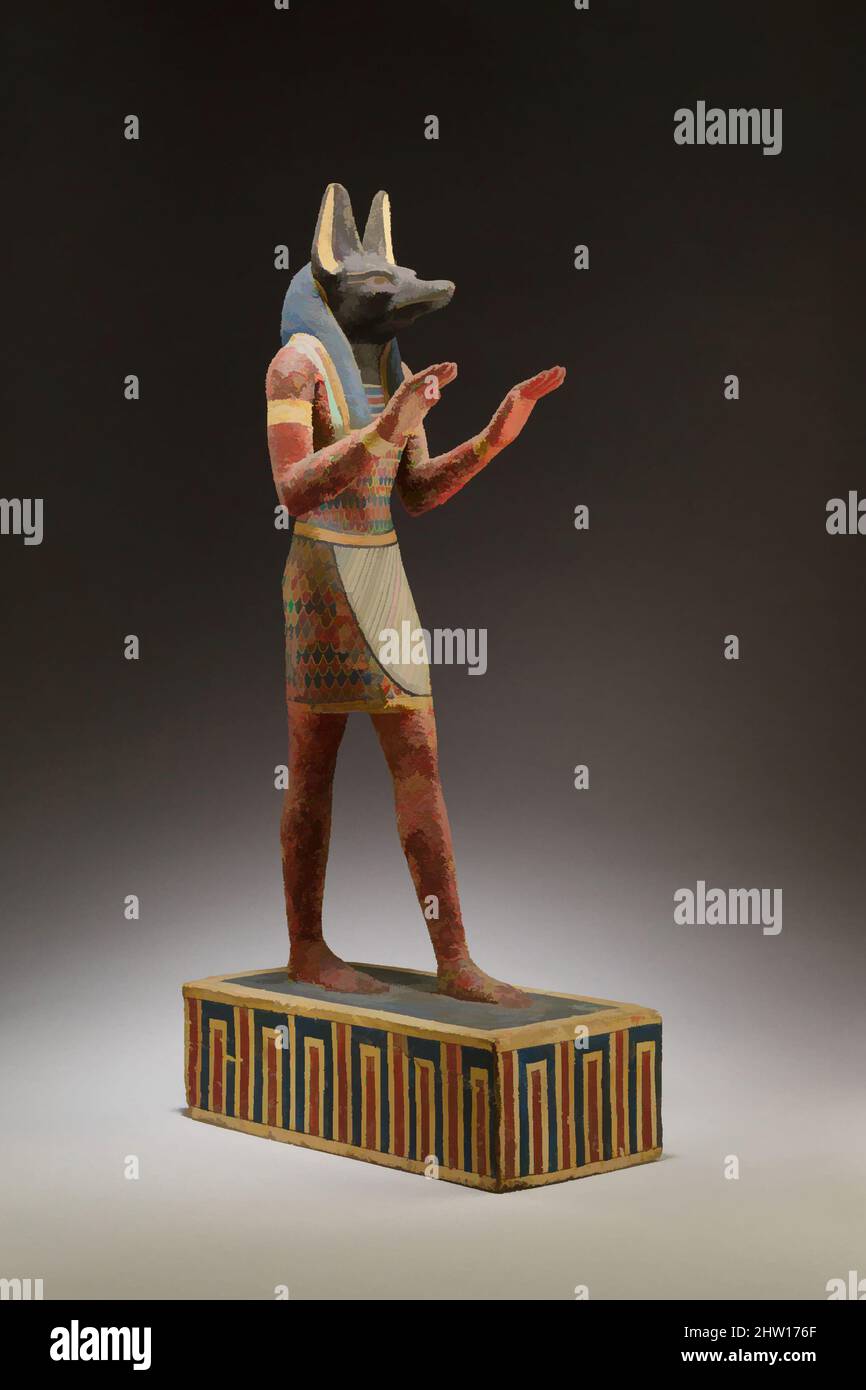 Kunst, inspiriert von der Statuette von Anubis, ptolemäische Periode, 332–30 v. Chr., aus Ägypten, verputztes und bemaltes Holz, H. 42,3 cm (16 5/8 in.); W. 10,1 cm (4 in.); D. 20,7 cm (8 1/8 Zoll), der gott der Mumifizierung Anubis, wird hier als Mensch mit Schakalkopf und langer Perücke dargestellt. Er trägt, Classic Works modernisiert von Artotop mit einem Schuss Moderne. Formen, Farbe und Wert, auffällige visuelle Wirkung auf Kunst. Emotionen durch Freiheit von Kunstwerken auf zeitgemäße Weise. Eine zeitlose Botschaft, die eine wild kreative neue Richtung verfolgt. Künstler, die sich dem digitalen Medium zuwenden und die Artotop NFT erschaffen Stockfoto