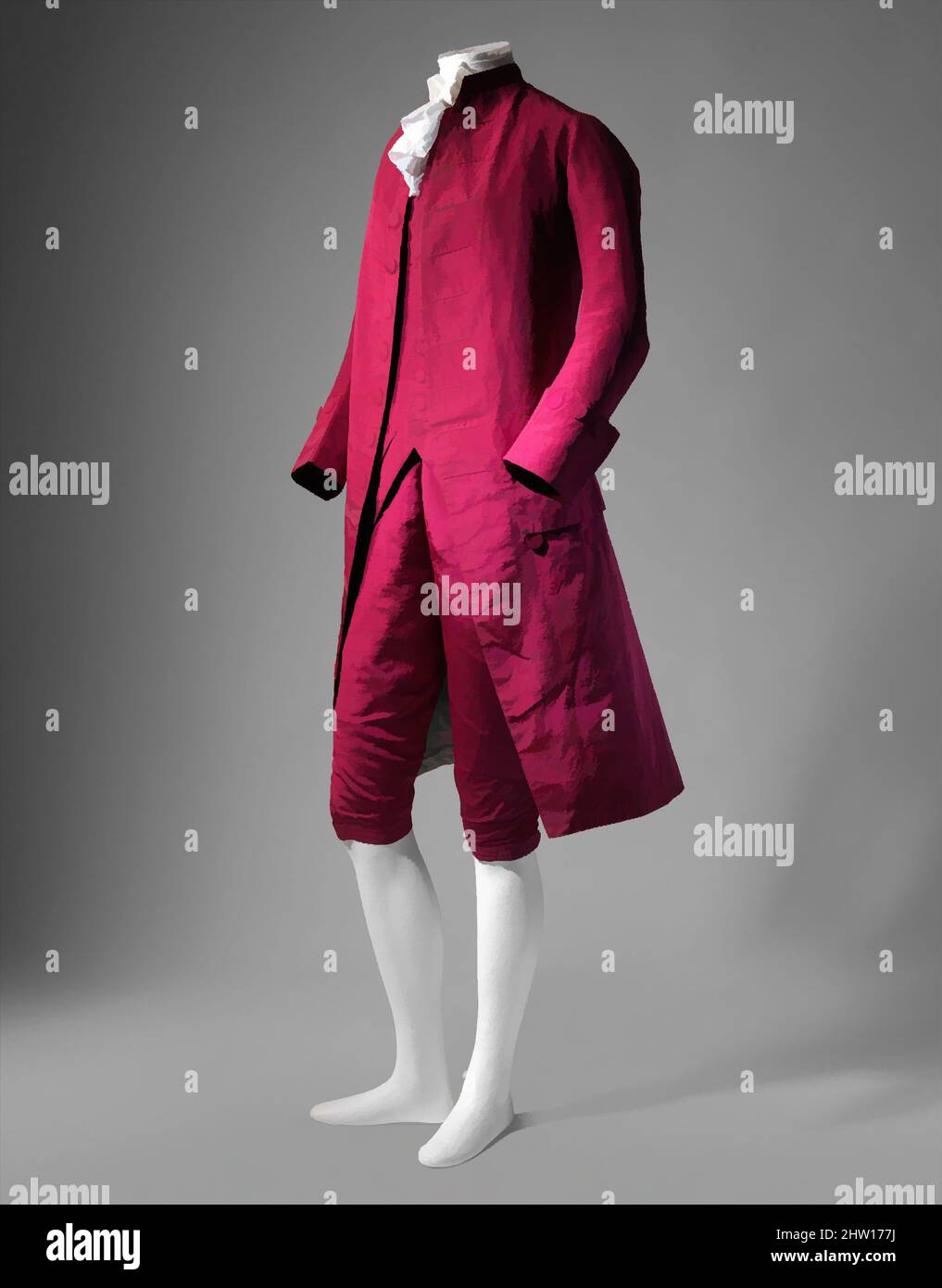 Von Anzug inspirierte Kunst, 1770–80, wahrscheinlich britisch, Wolle, Seide, Baumwolle, dieser elegante Anzug spiegelt die relative Einfachheit und Ungezwungenheit der britischen Herrenmode aus dem 18. Jahrhundert wider, die in der zweiten Hälfte des 1700s. Jahrhunderts in ganz Europa modische Kleidung beeinflusst hat. Die vergleichsweise, Classic Works modernisiert von Artotop mit einem Schuss Moderne. Formen, Farbe und Wert, auffällige visuelle Wirkung auf Kunst. Emotionen durch Freiheit von Kunstwerken auf zeitgemäße Weise. Eine zeitlose Botschaft, die eine wild kreative neue Richtung verfolgt. Künstler, die sich dem digitalen Medium zuwenden und die Artotop NFT erschaffen Stockfoto