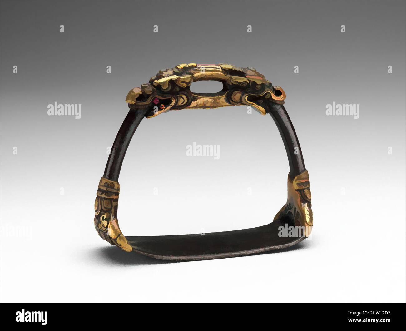 Kunst inspiriert von Stirrup, ca. 14.–16. Jahrhundert, tibetisch oder mongolisch, Eisen, Kupferlegierung (Messing), 4 1/4 x 5 1/8 Zoll (10,8 x 13 cm), Equestrian Equipment-Stirrups, dieser Steigbügel ist außergewöhnlich für die Qualität und die lebendige Natur der Libellen an der Spitze seines Bogens, für seine insgesamt, Classic Works modernisiert von Artotop mit einem Schuss Moderne. Formen, Farbe und Wert, auffällige visuelle Wirkung auf Kunst. Emotionen durch Freiheit von Kunstwerken auf zeitgemäße Weise. Eine zeitlose Botschaft, die eine wild kreative neue Richtung verfolgt. Künstler, die sich dem digitalen Medium zuwenden und die Artotop NFT erschaffen Stockfoto