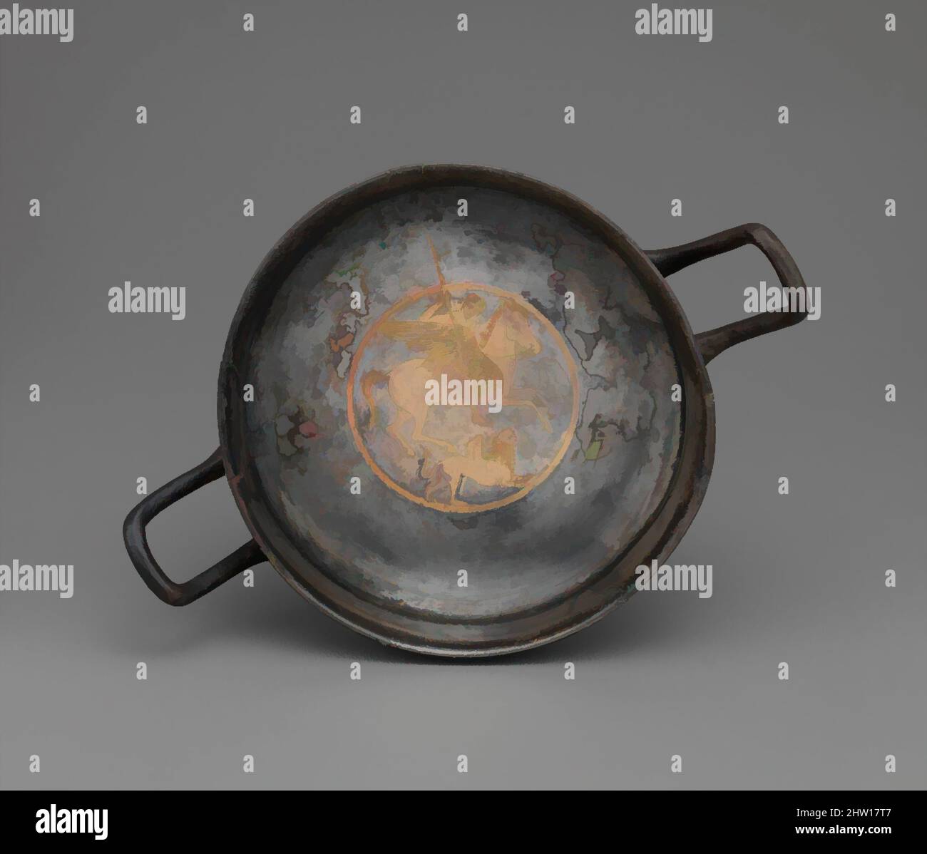 Kunst inspiriert von gilt silver kylix, Klassische Periode, Ende 5. Jahrhundert v. Chr., Griechisch, Silbervergoldung, Durchmesser: 5 1/8 Zoll (13 cm), Gold und Silber, reitet der Held Bellerophon auf Pegasos, dem geflügelten Pferd, während er gegen die Chimera kämpft, ein mythisches Wesen mit den Köpfen eines Löwen und einer Ziege und einem von Artotop modernisierten klassischen Werk mit einem Schuss Moderne. Formen, Farbe und Wert, auffällige visuelle Wirkung auf Kunst. Emotionen durch Freiheit von Kunstwerken auf zeitgemäße Weise. Eine zeitlose Botschaft, die eine wild kreative neue Richtung verfolgt. Künstler, die sich dem digitalen Medium zuwenden und die Artotop NFT erschaffen Stockfoto