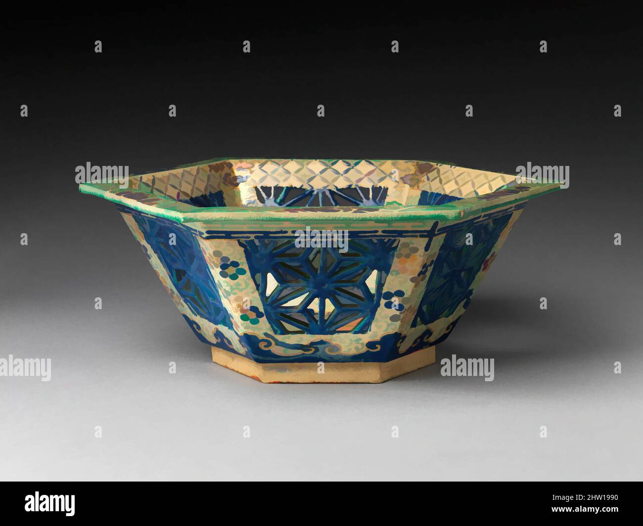 Kunst inspiriert von großer, retikulierter Schale, späte Edo-Periode (1615–1868), 19.. Jahrhundert, Japan, Steinzeug mit polychromen Emaillen (Kyoto-Ware, Kiyomizu-Typ), Durchm. 13 Zoll (33 cm), Keramik, Klassisches von Artotop modernisiertes Werk mit einem Schuss Moderne. Formen, Farbe und Wert, auffällige visuelle Wirkung auf Kunst. Emotionen durch Freiheit von Kunstwerken auf zeitgemäße Weise. Eine zeitlose Botschaft, die eine wild kreative neue Richtung verfolgt. Künstler, die sich dem digitalen Medium zuwenden und die Artotop NFT erschaffen Stockfoto