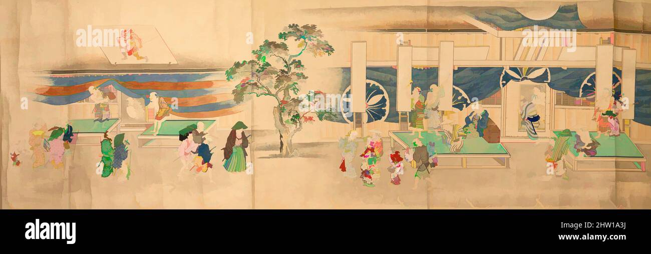 Kunst inspiriert vom Kabuki Theater, Edo-Zeit (1615–1868), 1822, Japan, Handscroll; Tinte, Farbe und Gold auf Papier, Bild: 13 5/8 × 54 15/16 Zoll (34,6 × 139,5 cm), Gemälde, Nonoyama Kōzan (japanisch, 1780–1847, Klassisches Werk, modernisiert von Artotop mit einem Schuss Moderne. Formen, Farbe und Wert, auffällige visuelle Wirkung auf Kunst. Emotionen durch Freiheit von Kunstwerken auf zeitgemäße Weise. Eine zeitlose Botschaft, die eine wild kreative neue Richtung verfolgt. Künstler, die sich dem digitalen Medium zuwenden und die Artotop NFT erschaffen Stockfoto